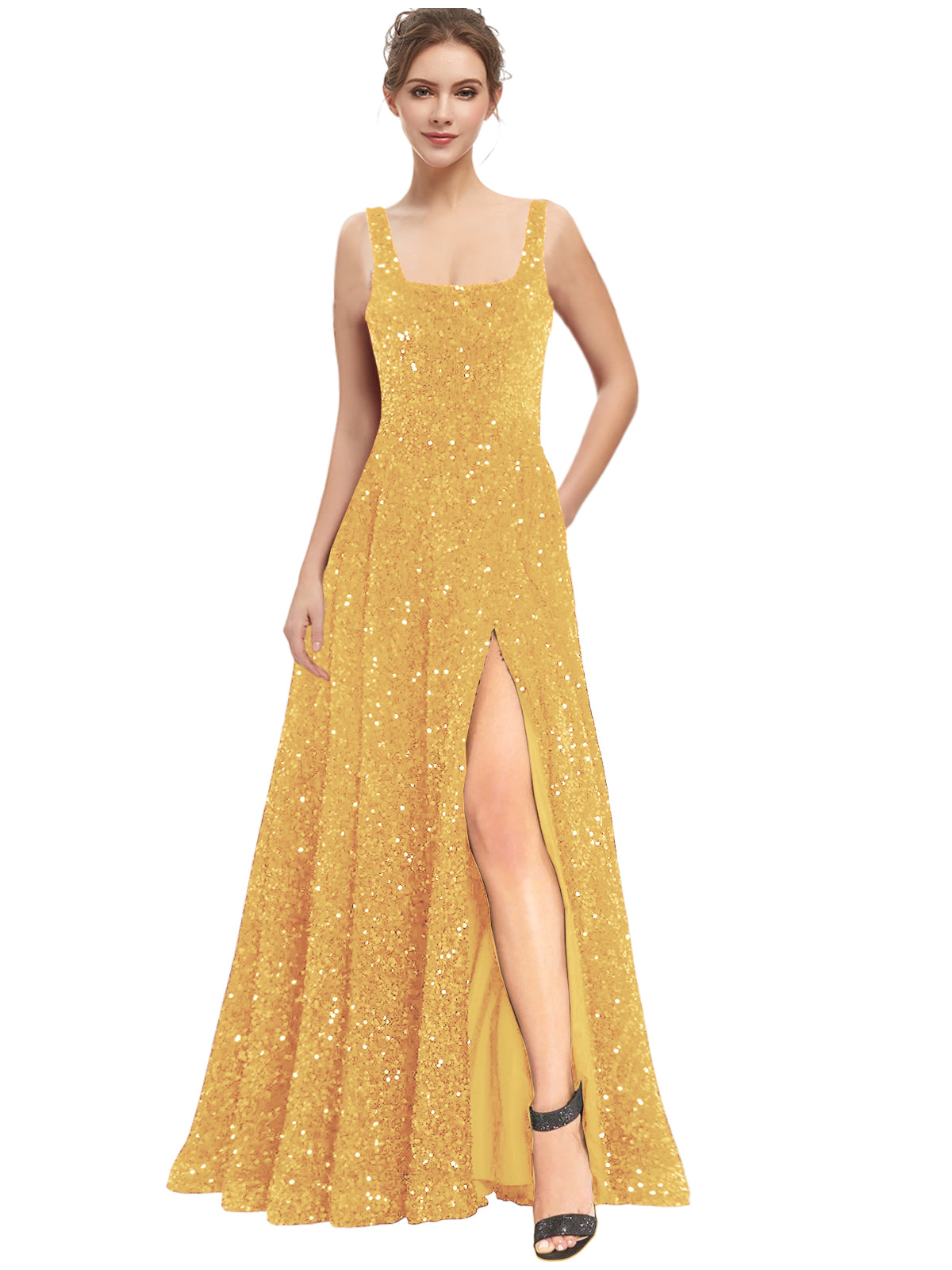 Women's Long Dress Sequin Bateau/Boat Back Strap Slit Fashion Long Sleeveless Party Dress GD101932