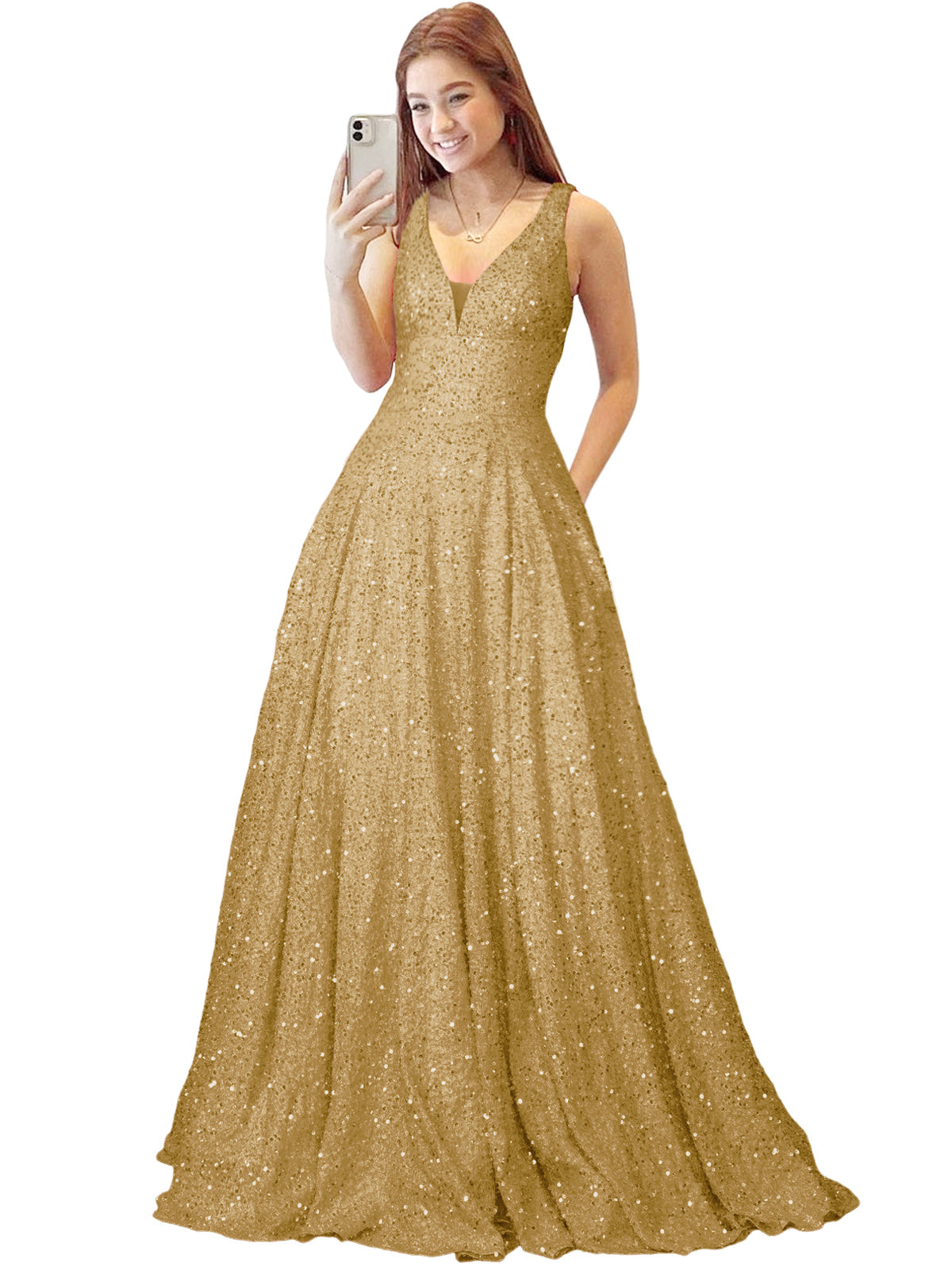 2025 Long Dress Sequin V-Neck Slit Fashion Sleeveless Pockets Party Dress GD101934