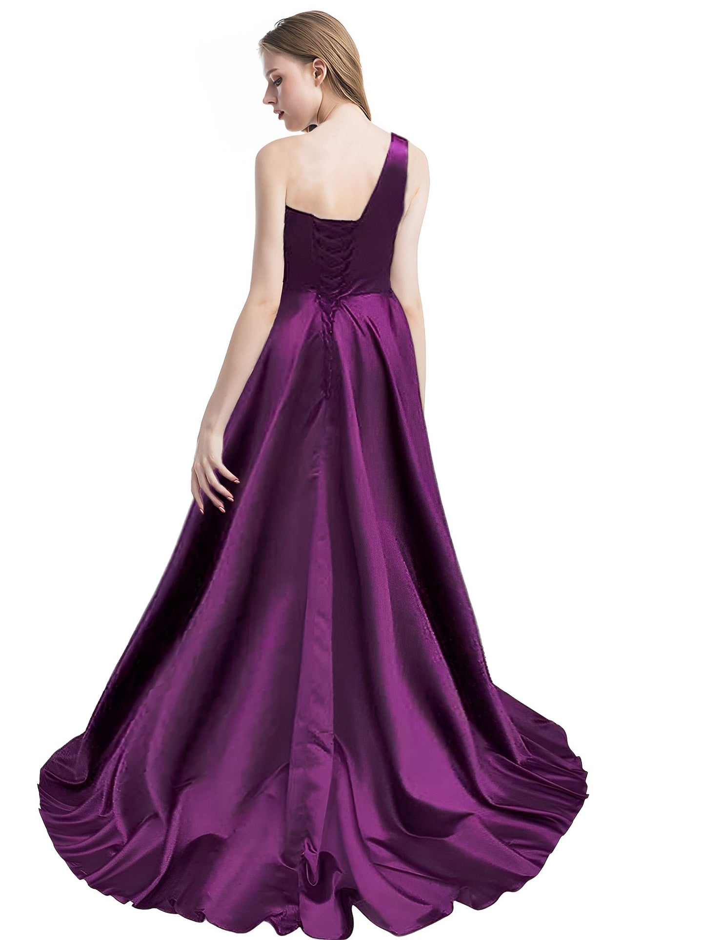 A Line Long Prom Dress One Shoulder Satin Slit Evening Ball Gown GD101506