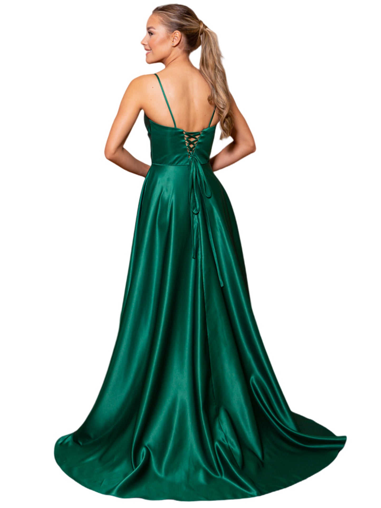 A Line Long Prom Dress V-Neck Satin Slit Evening Ball Gown GD101505