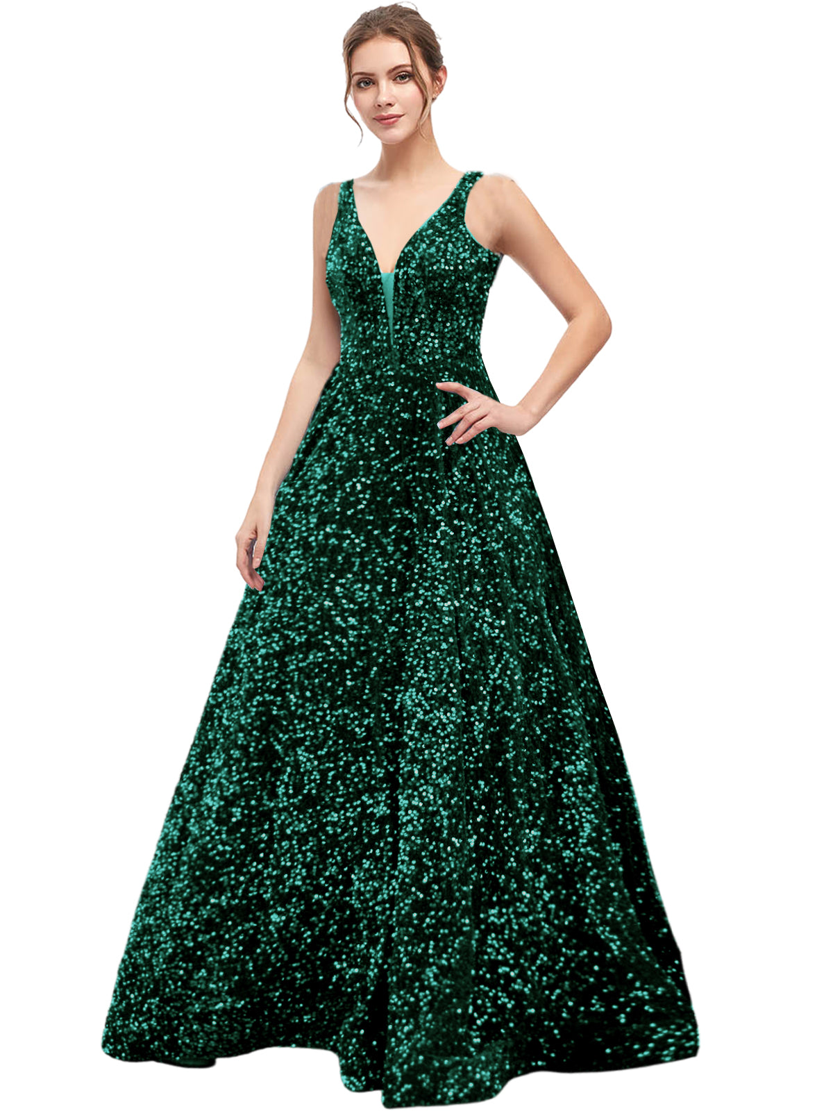 Sequin Long Prom Dress V Neck A Line Evening Ball Gown with Pockets GD300006