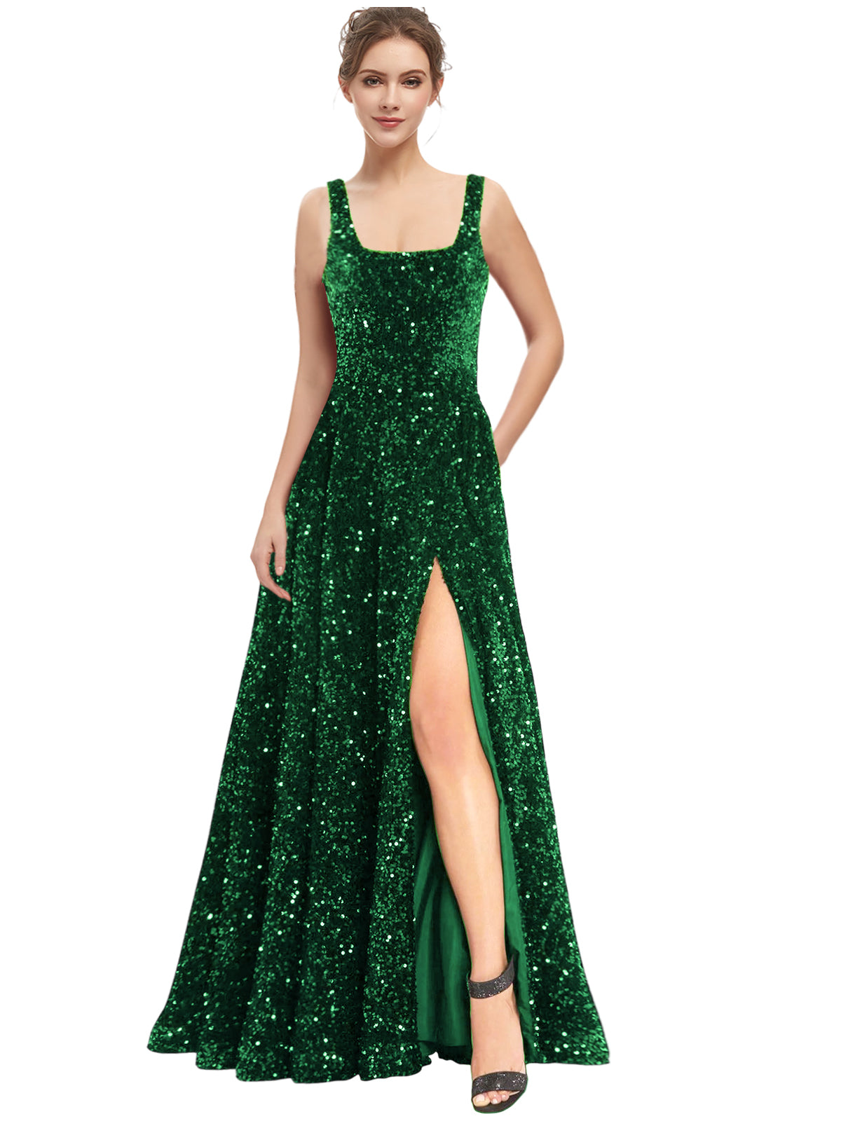 Women's Long Dress Sequin Bateau/Boat Back Strap Slit Fashion Long Sleeveless Party Dress GD101932
