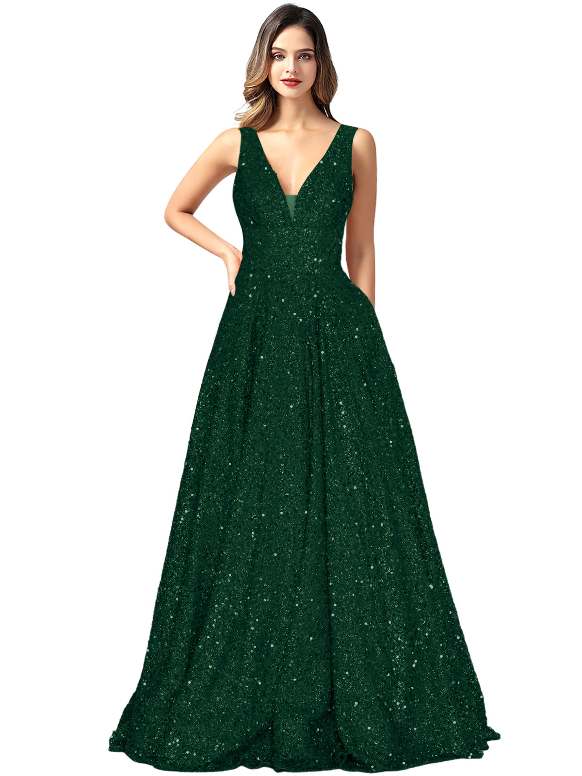 2025 Long Dress Sequin V-Neck Slit Fashion Sleeveless Pockets Party Dress GD101934