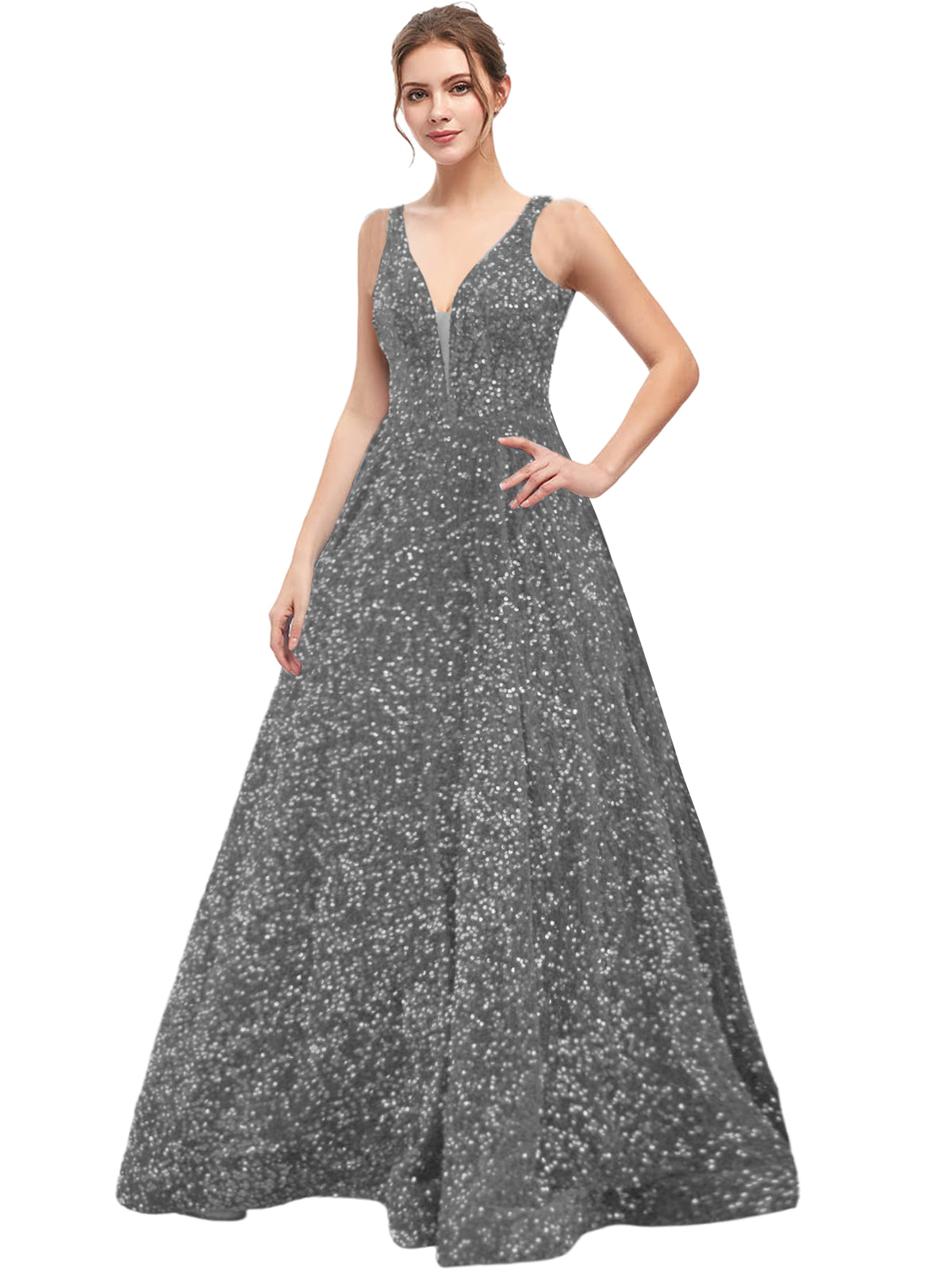 Sequin Long Prom Dress V Neck A Line Evening Ball Gown with Pockets GD300006