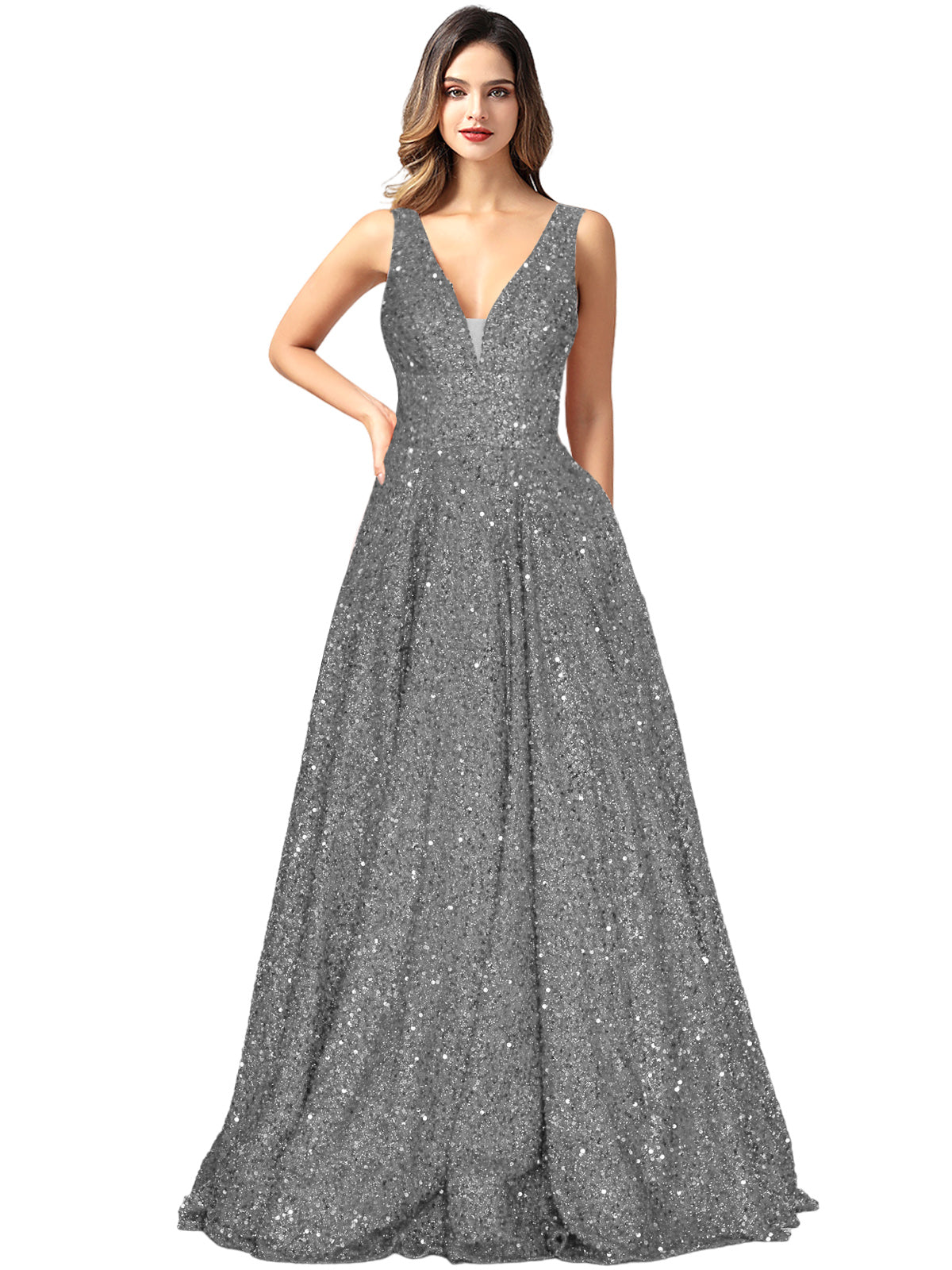 2025 Long Dress Sequin V-Neck Slit Fashion Sleeveless Pockets Party Dress GD101934