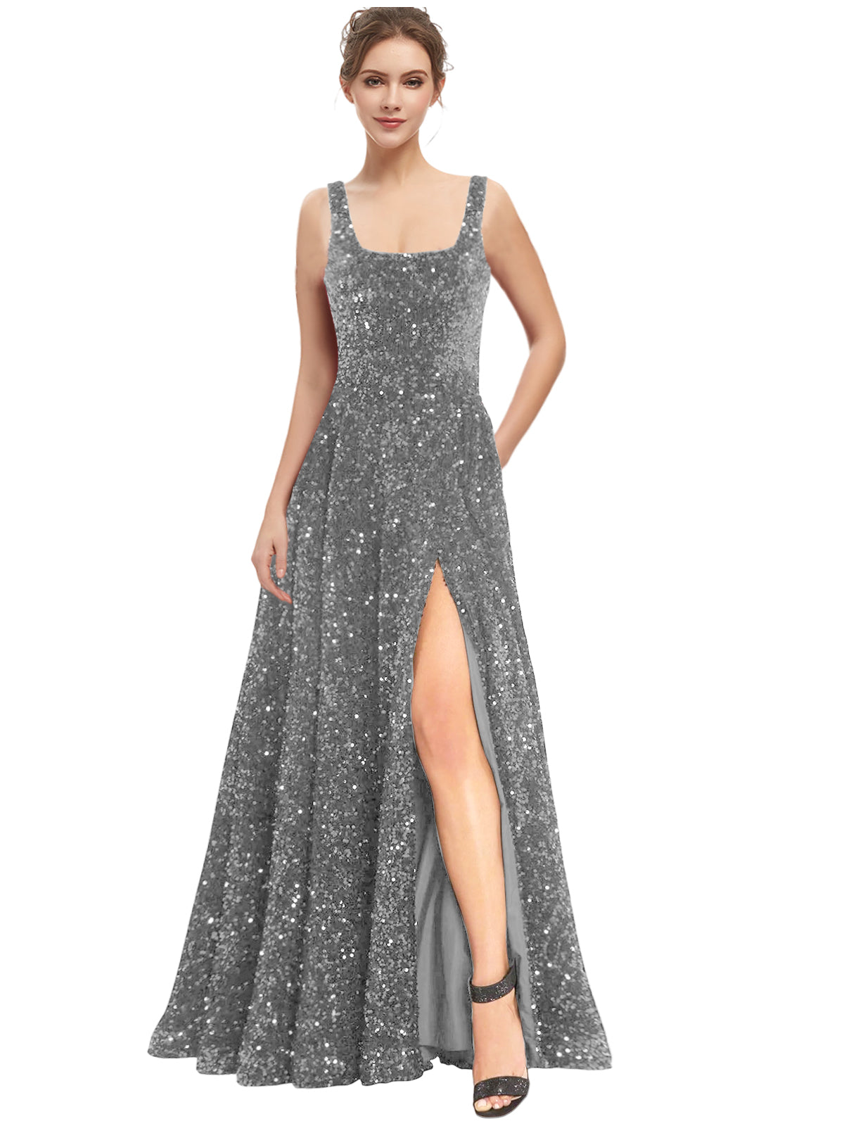 Women's Long Dress Sequin Bateau/Boat Back Strap Slit Fashion Long Sleeveless Party Dress GD101932