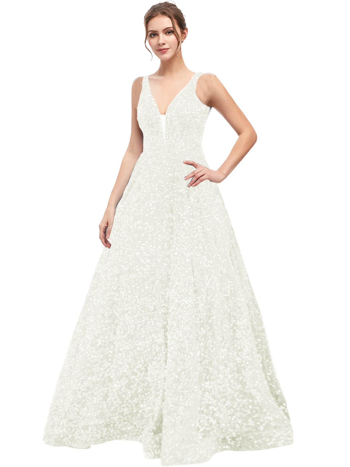 Sequin Long Prom Dress V Neck A Line Evening Ball Gown with Pockets GD300006