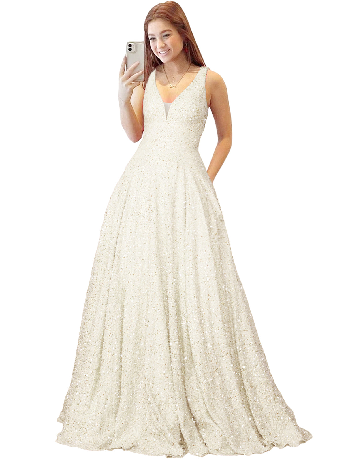 2025 Long Dress Sequin V-Neck Slit Fashion Sleeveless Pockets Party Dress GD101934