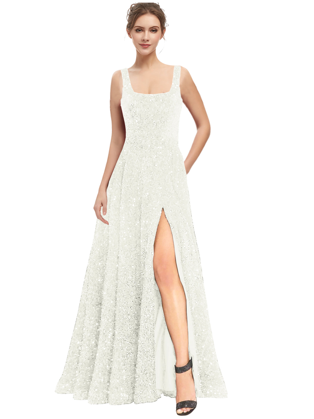 Women's Long Dress Sequin Bateau/Boat Back Strap Slit Fashion Long Sleeveless Party Dress GD101932