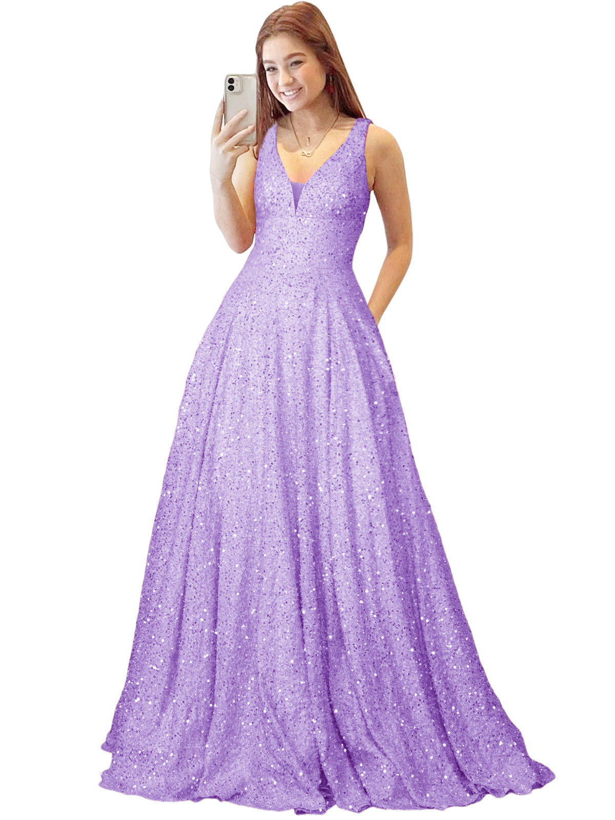 2025 Long Dress Sequin V-Neck Slit Fashion Sleeveless Pockets Party Dress GD101934