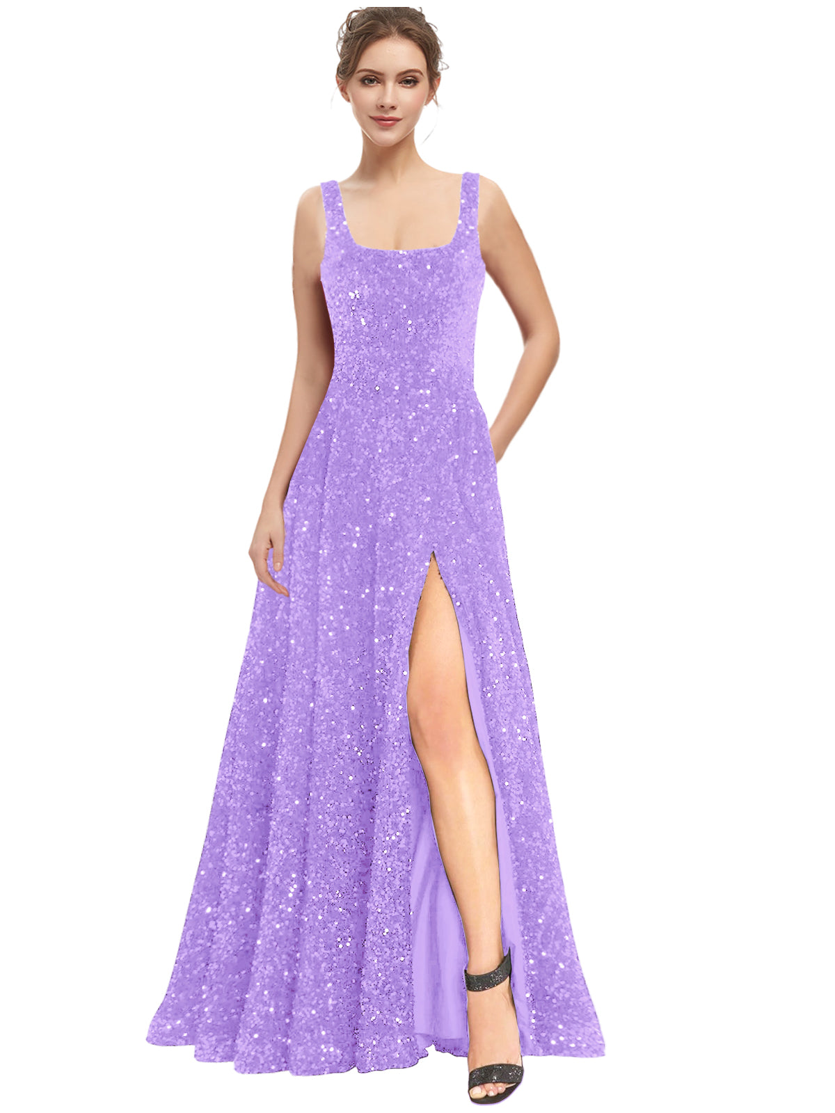 Women's Long Dress Sequin Bateau/Boat Back Strap Slit Fashion Long Sleeveless Party Dress GD101932