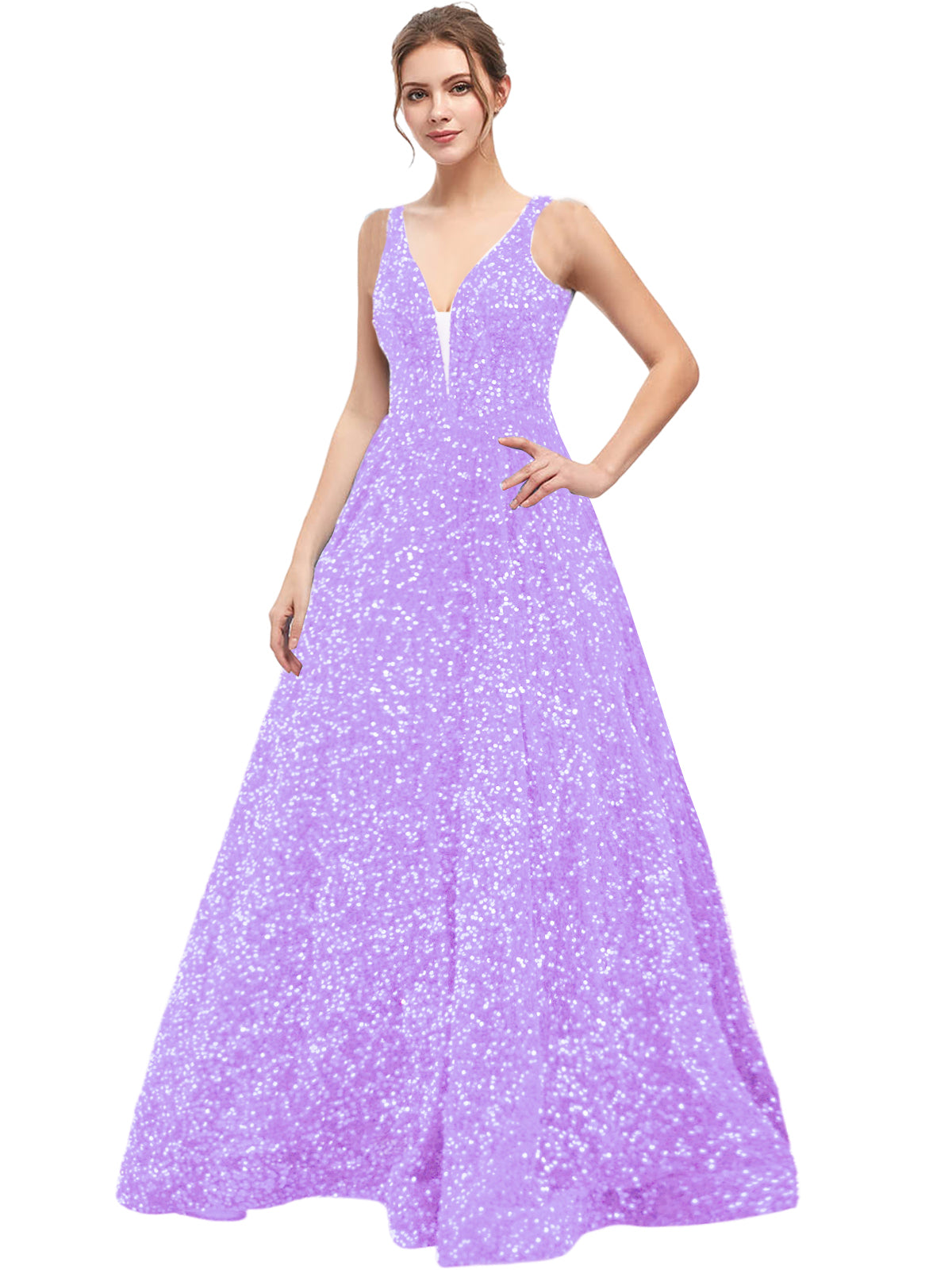 Sequin Long Prom Dress V Neck A Line Evening Ball Gown with Pockets GD300006