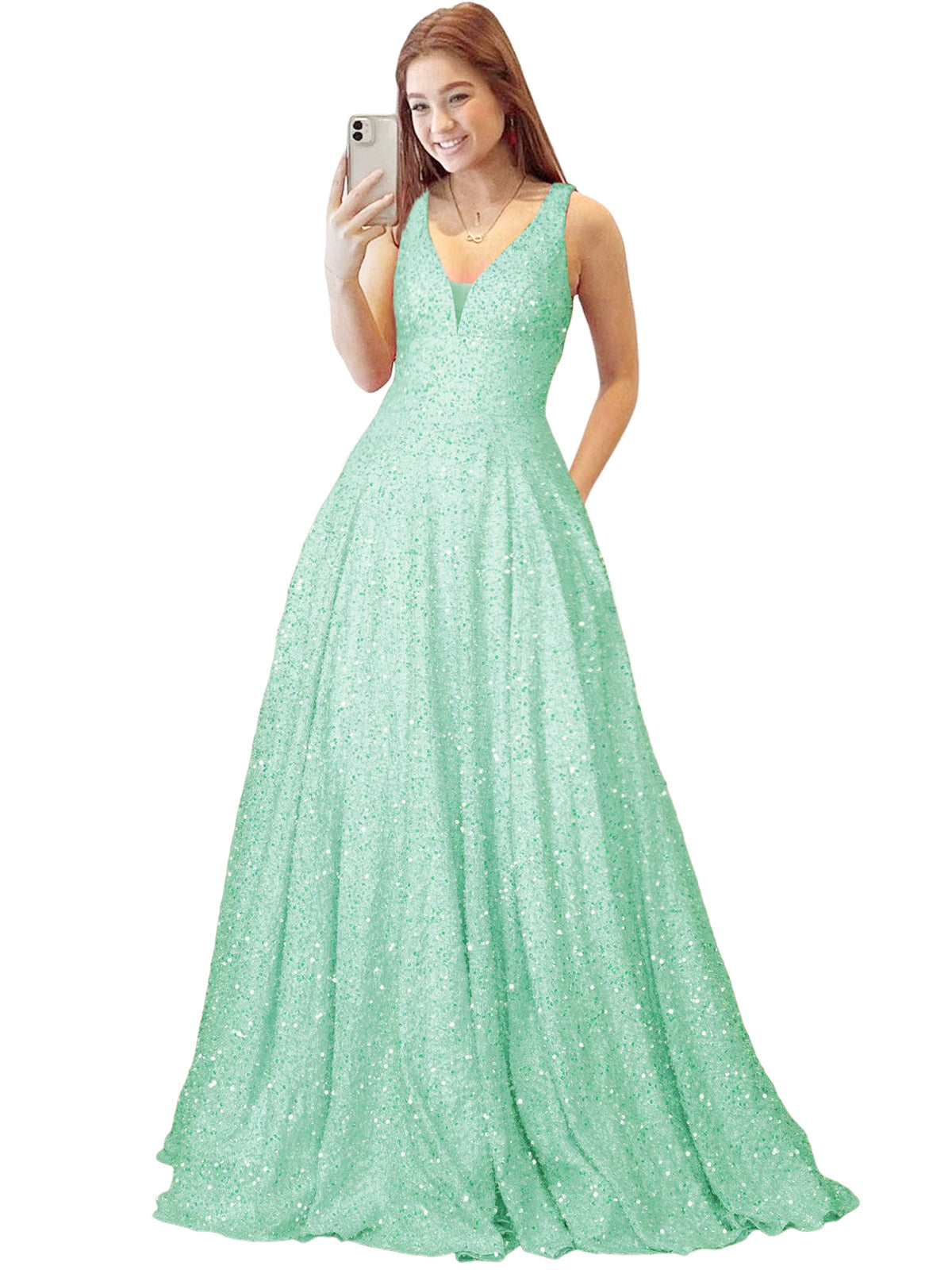 2025 Long Dress Sequin V-Neck Slit Fashion Sleeveless Pockets Party Dress GD101934