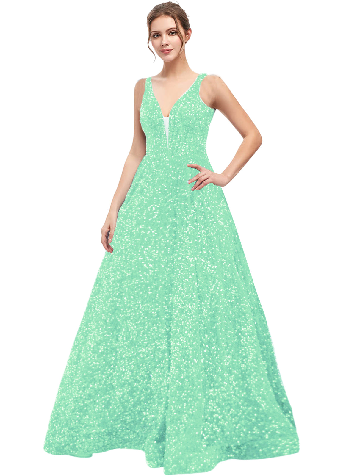 Sequin Long Prom Dress V Neck A Line Evening Ball Gown with Pockets GD300006
