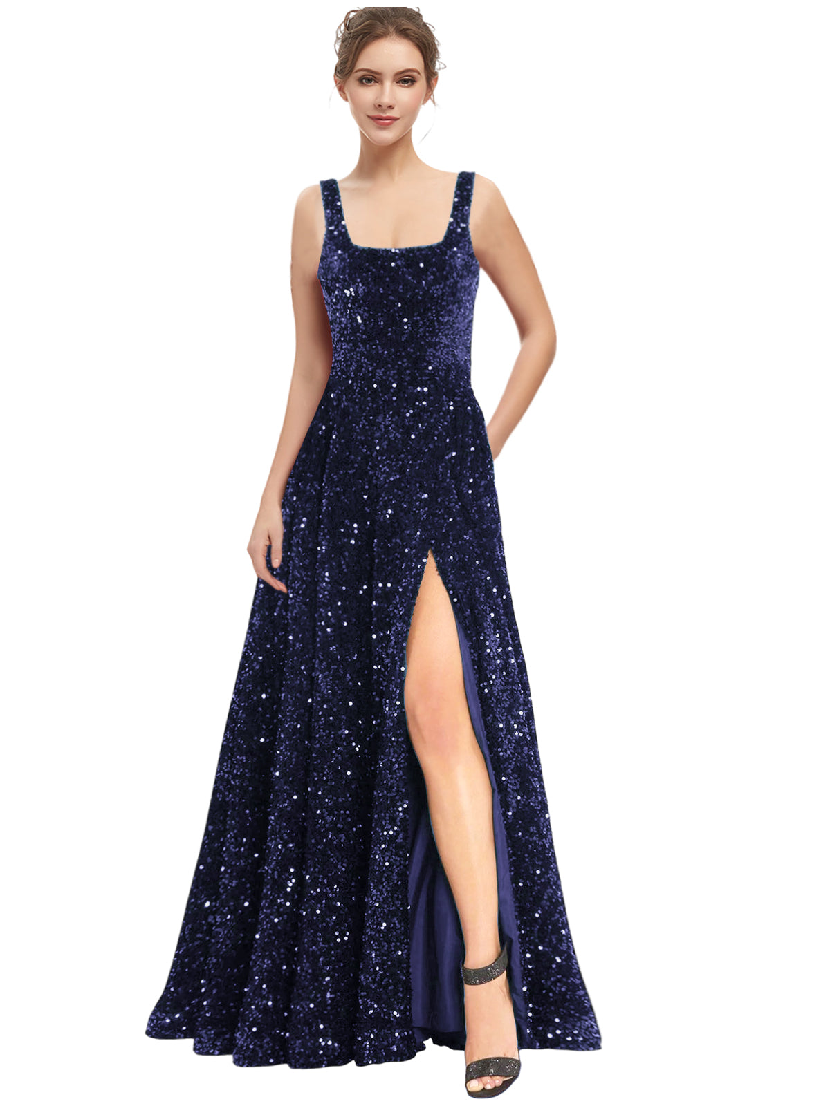 Women's Long Dress Sequin Bateau/Boat Back Strap Slit Fashion Long Sleeveless Party Dress GD101932