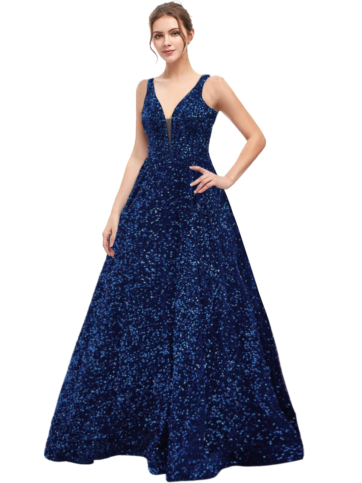 Sequin Long Prom Dress V Neck A Line Evening Ball Gown with Pockets GD300006