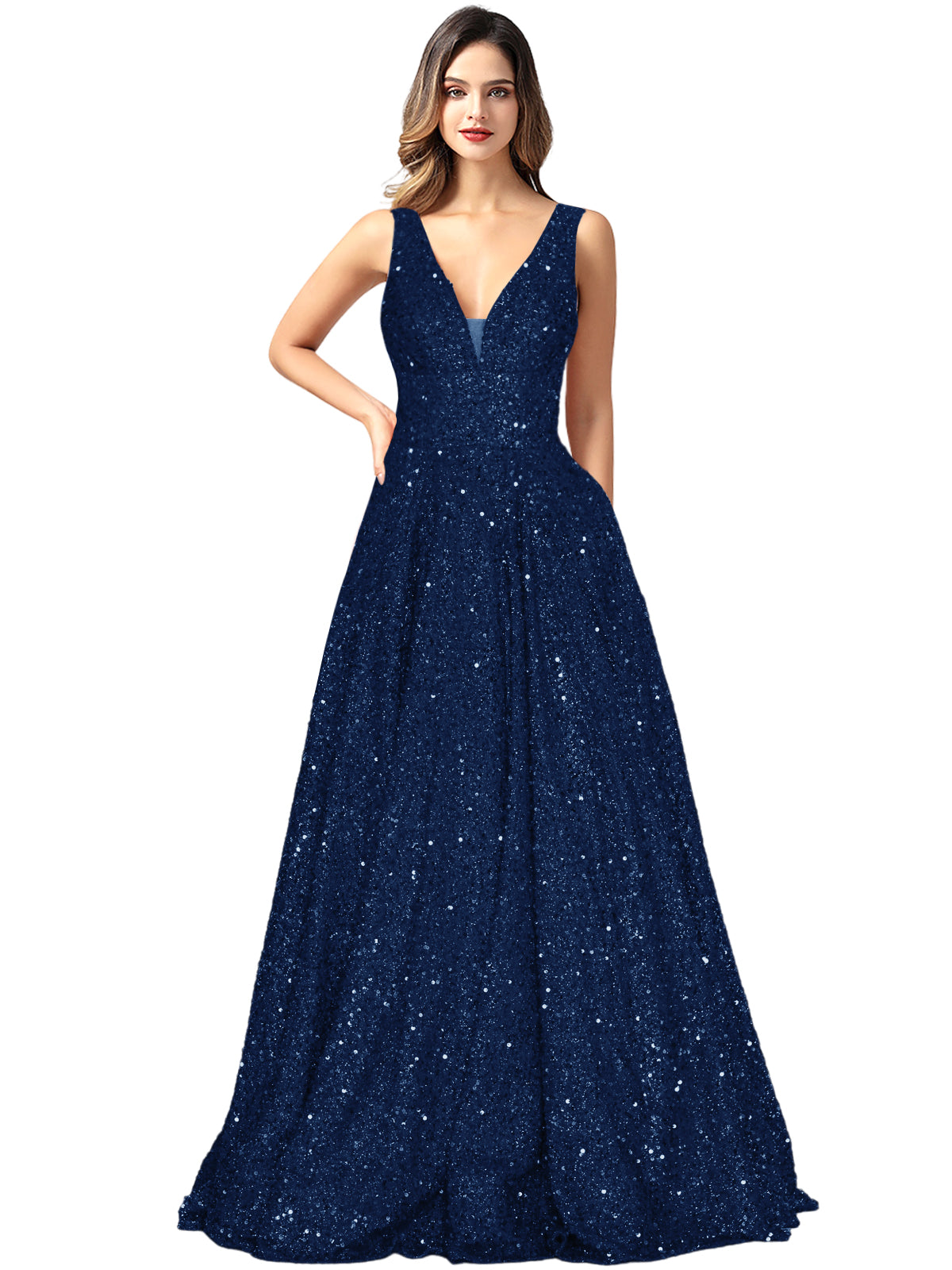 2025 Long Dress Sequin V-Neck Slit Fashion Sleeveless Pockets Party Dress GD101934