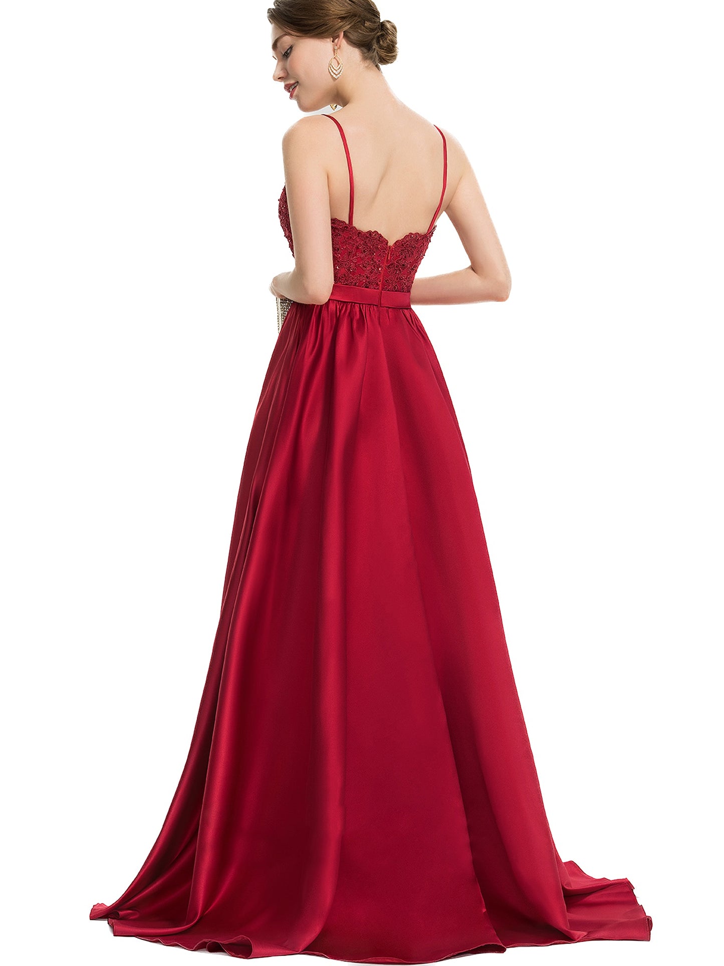 A Line Long Dress Lace Satin Spaghetti Straps Sleeveless Evening Ball Gown with Pockets GD100548