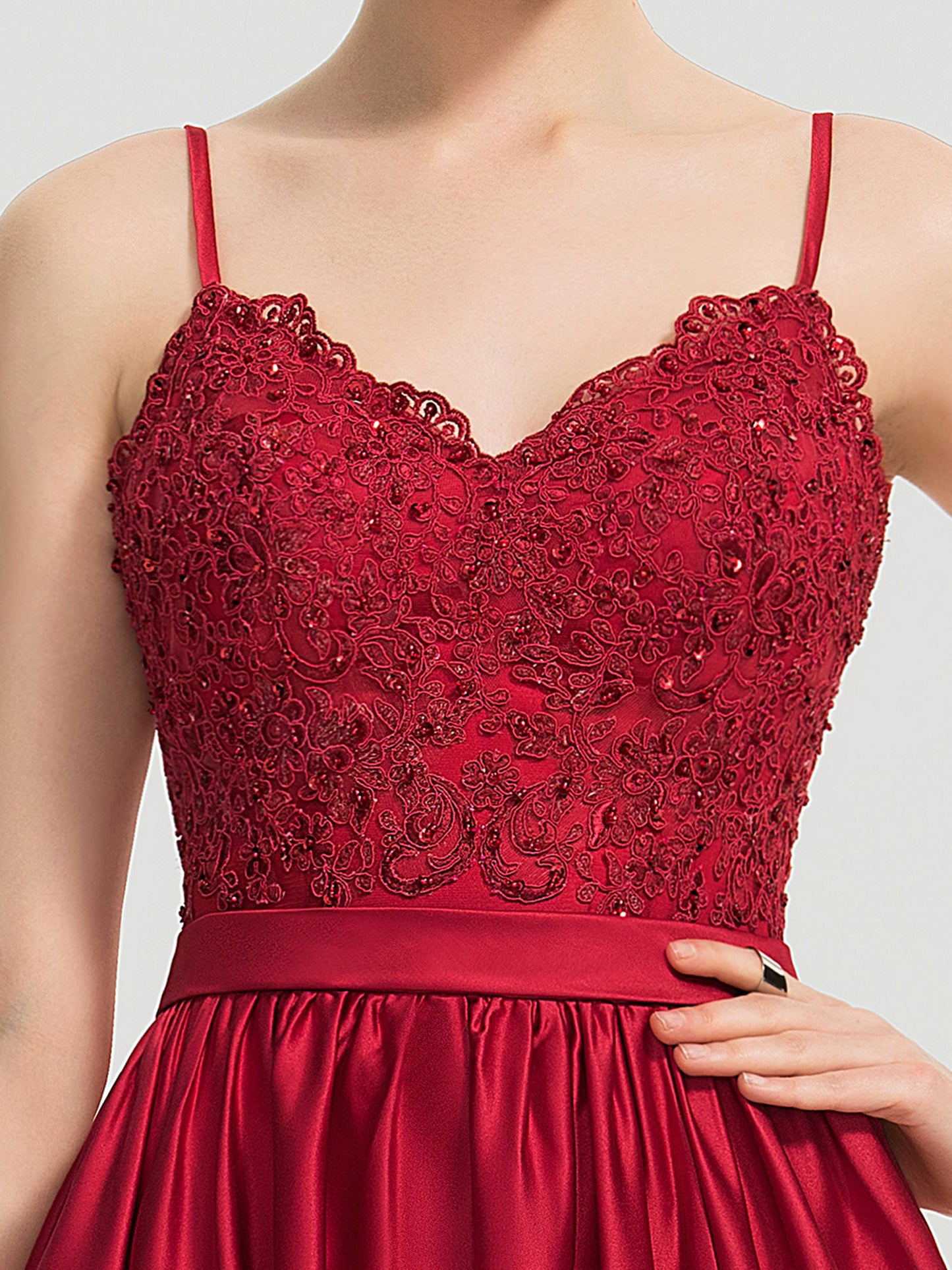A Line Long Dress Lace Satin Spaghetti Straps Sleeveless Evening Ball Gown with Pockets GD100548