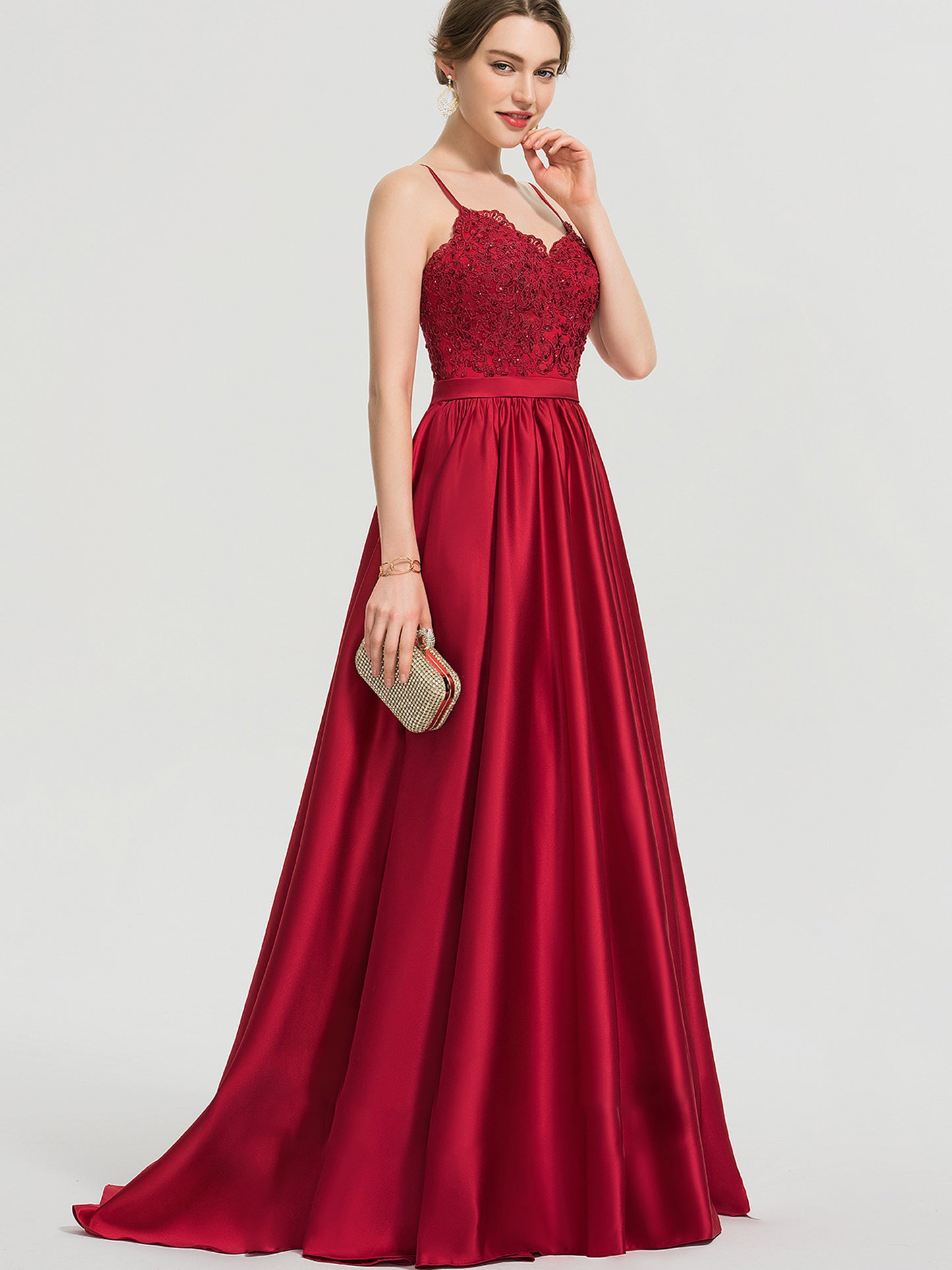 A Line Long Dress Lace Satin Spaghetti Straps Sleeveless Evening Ball Gown with Pockets GD100548