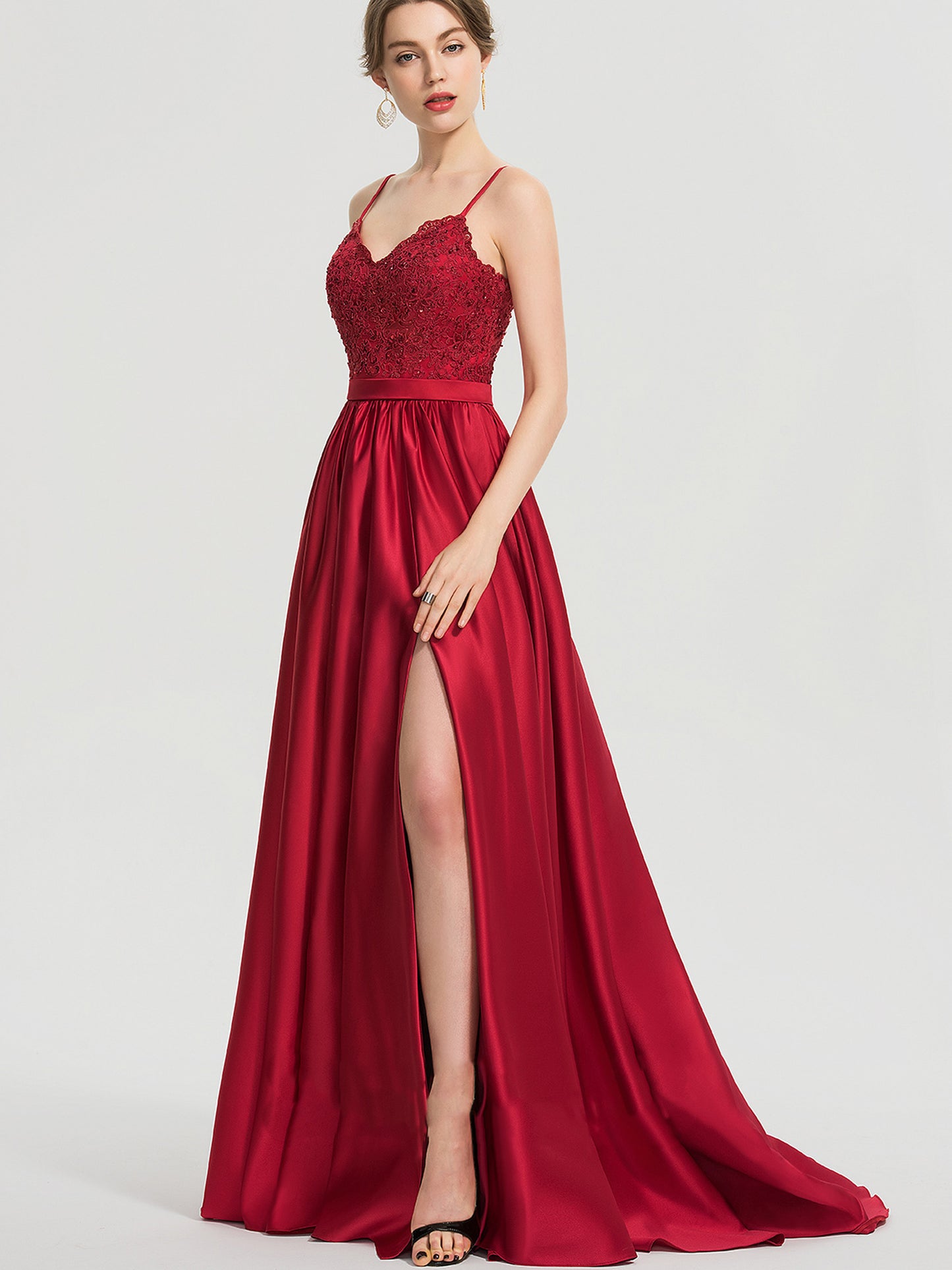 A Line Long Dress Lace Satin Spaghetti Straps Sleeveless Evening Ball Gown with Pockets GD100548