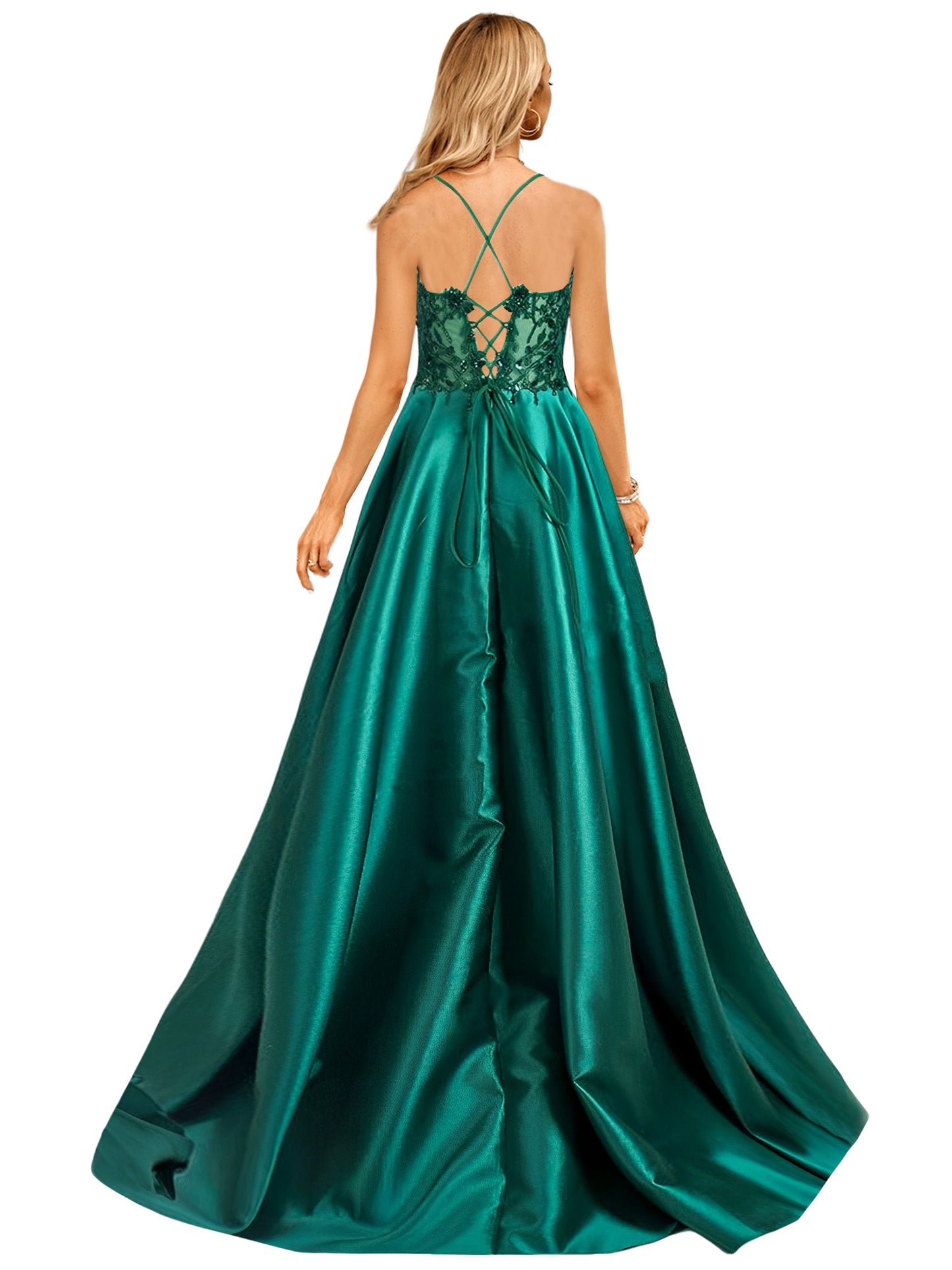 A Line Long Dress Lace Satin Spaghetti Straps Sleeveless Evening Ball Gown GD101655