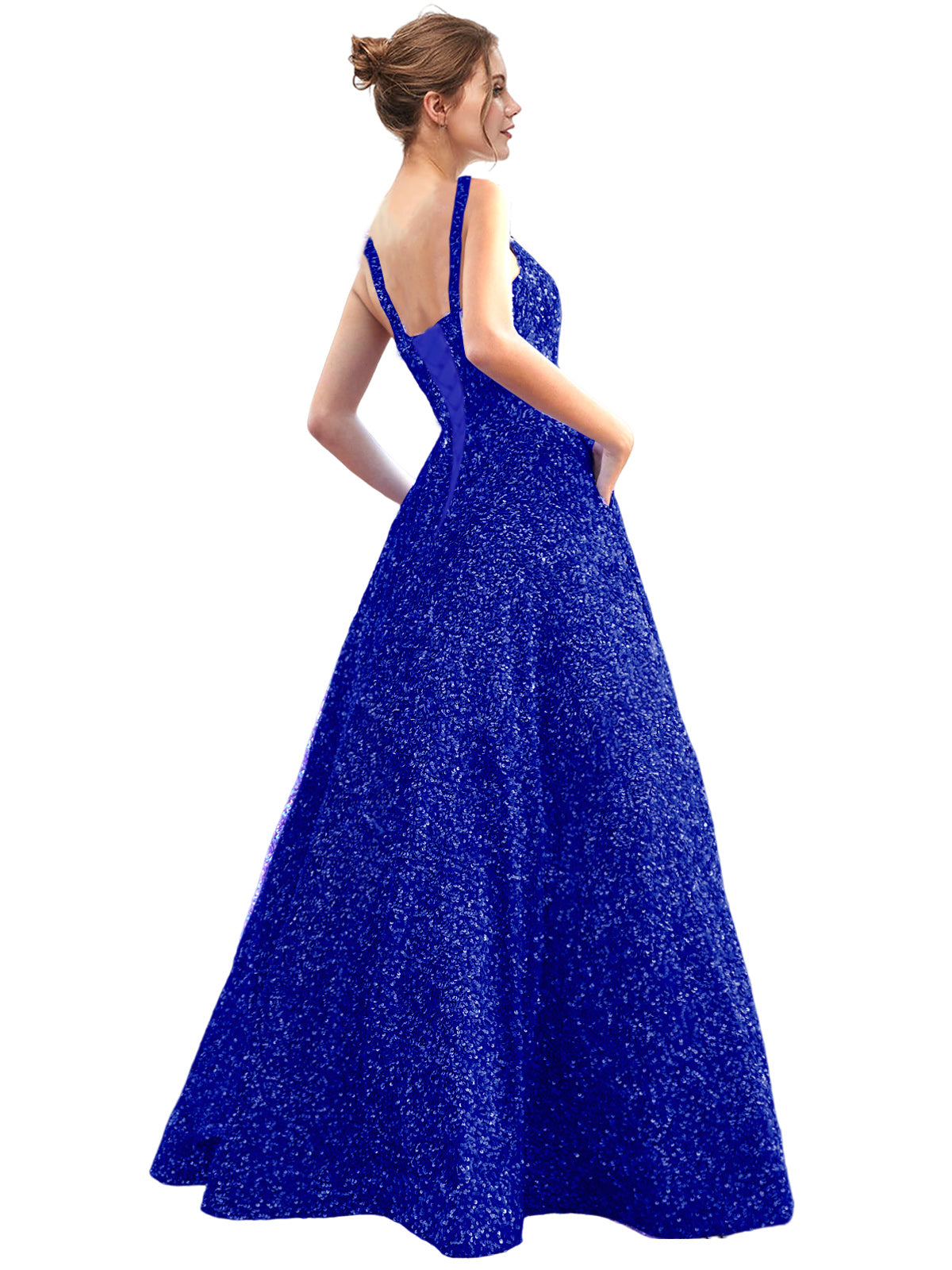 Sequin Long Prom Dress V Neck A Line Evening Ball Gown with Pockets GD300006
