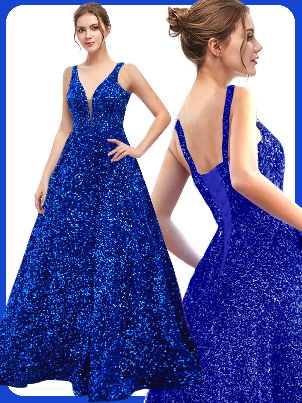 Sequin Long Prom Dress V Neck A Line Evening Ball Gown with Pockets GD300006