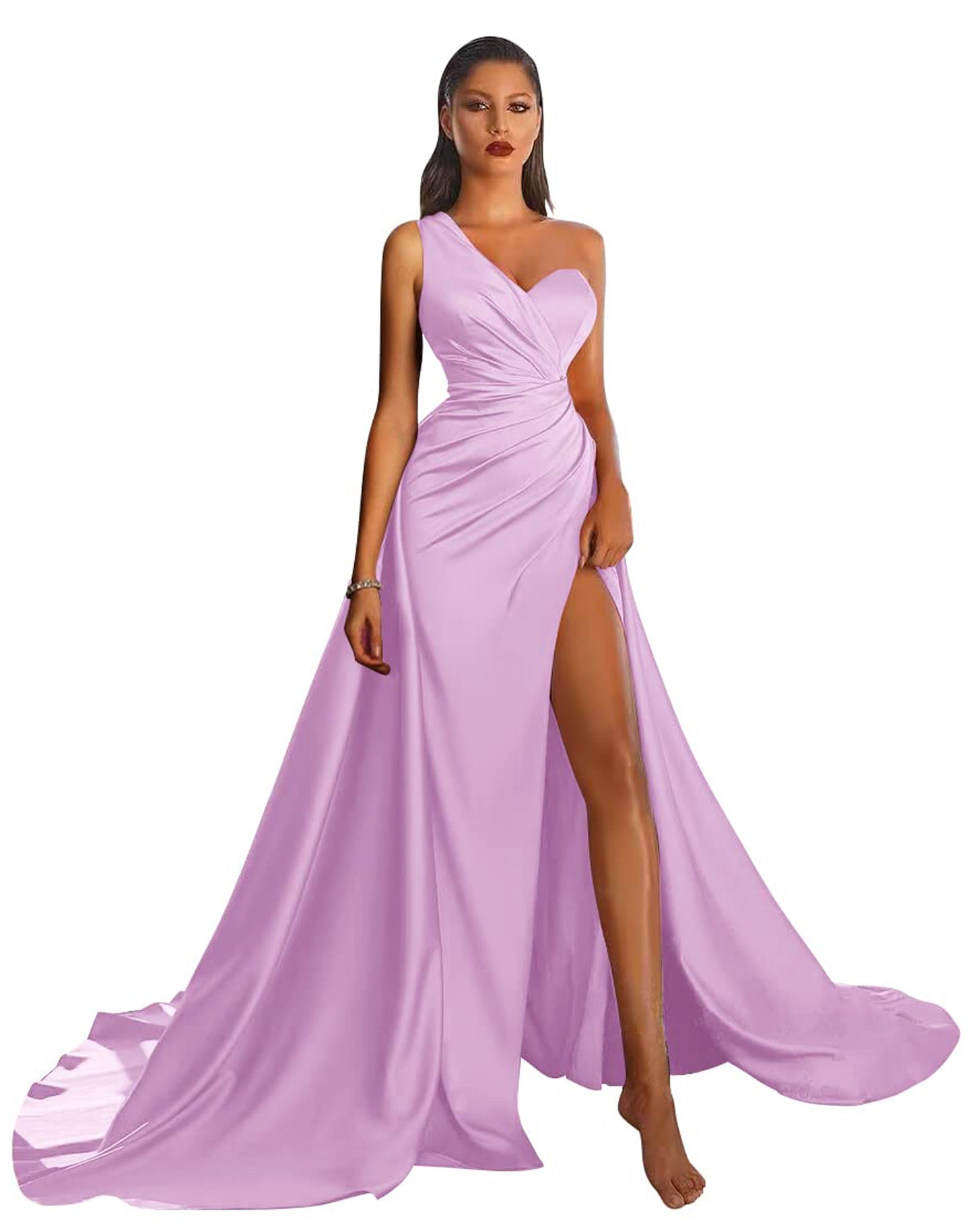 A Line Long Prom Dress One Shoulder Satin Slit Evening Ball Gown GD101506
