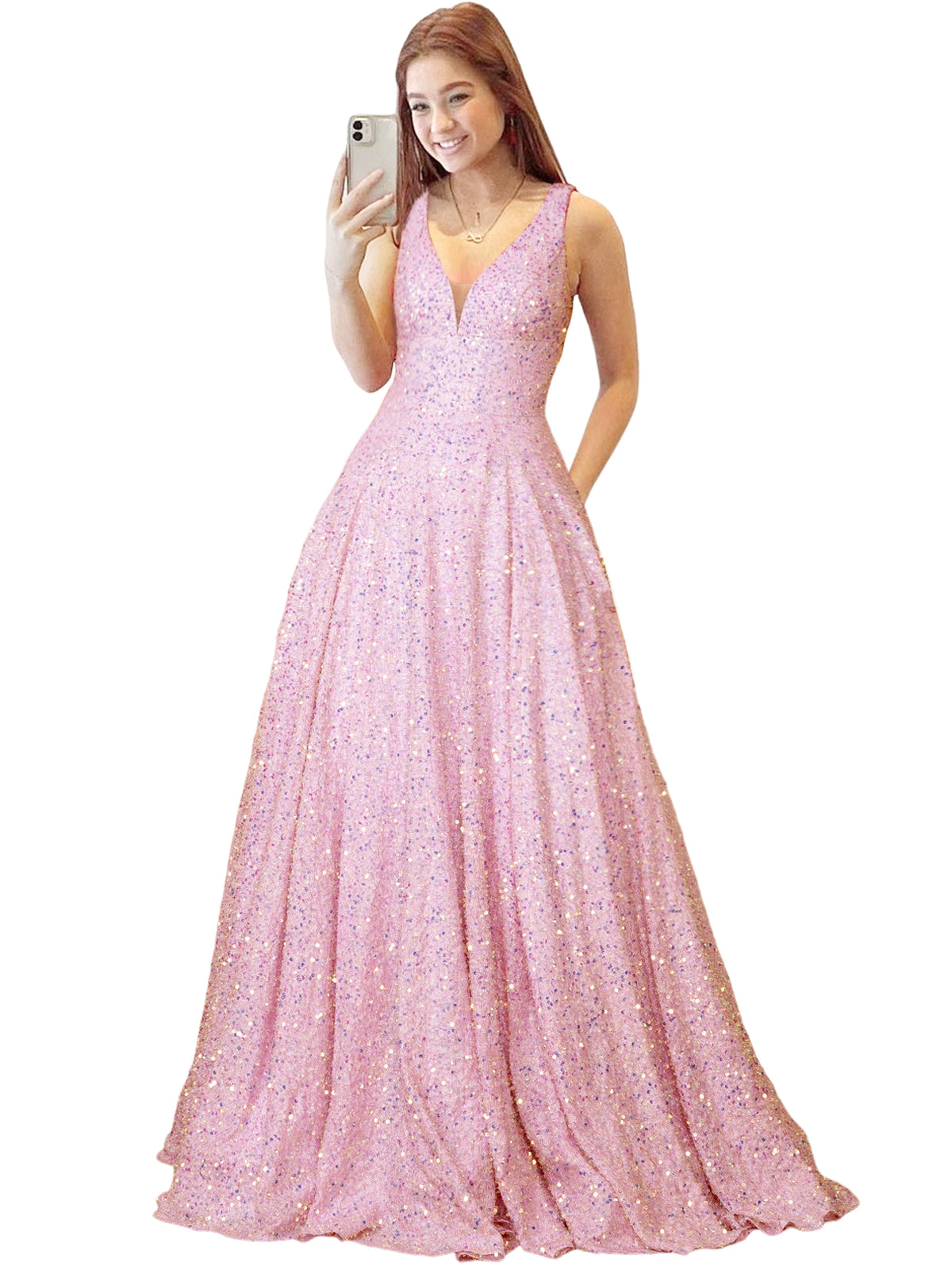 2025 Long Dress Sequin V-Neck Slit Fashion Sleeveless Pockets Party Dress GD101934