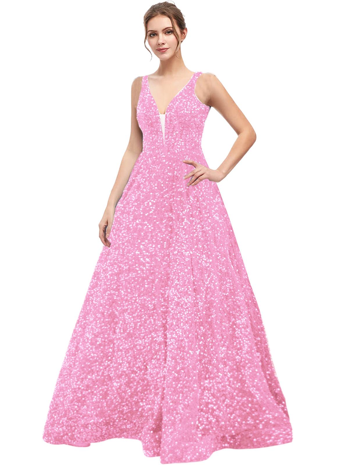 Sequin Long Prom Dress V Neck A Line Evening Ball Gown with Pockets GD300006