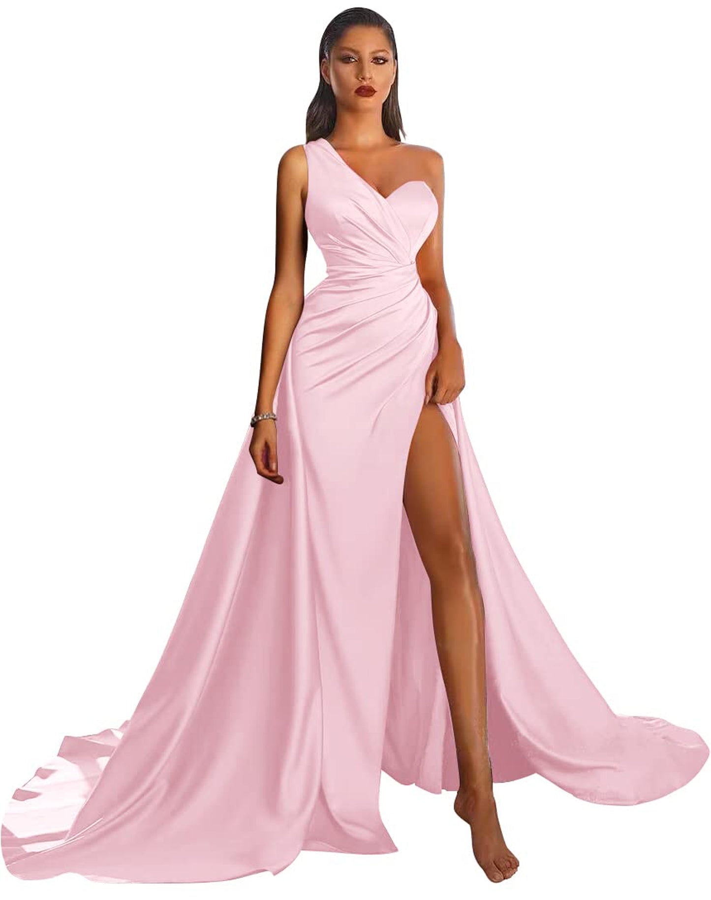 A Line Long Prom Dress One Shoulder Satin Slit Evening Ball Gown GD101506