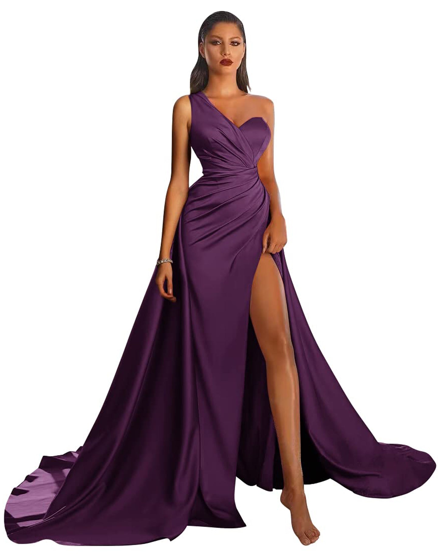 A Line Long Prom Dress One Shoulder Satin Slit Evening Ball Gown GD101506