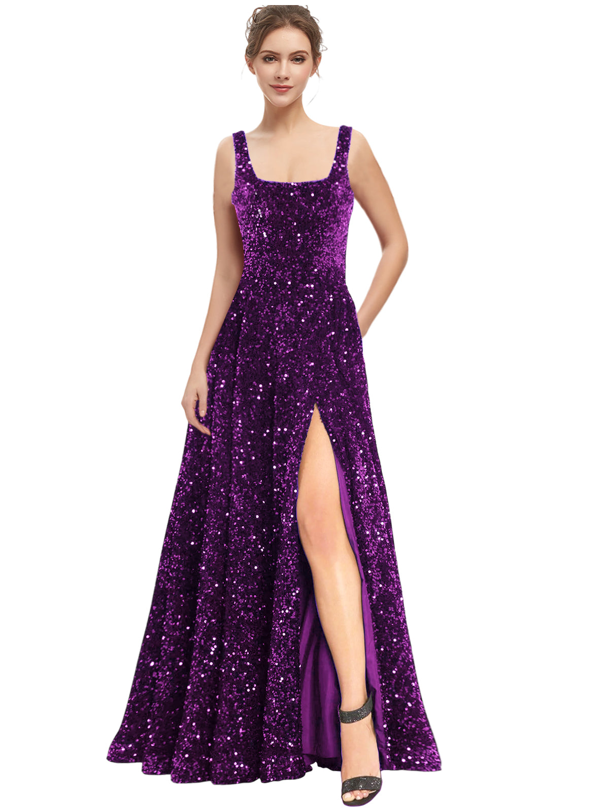 Women's Long Dress Sequin Bateau/Boat Back Strap Slit Fashion Long Sleeveless Party Dress GD101932