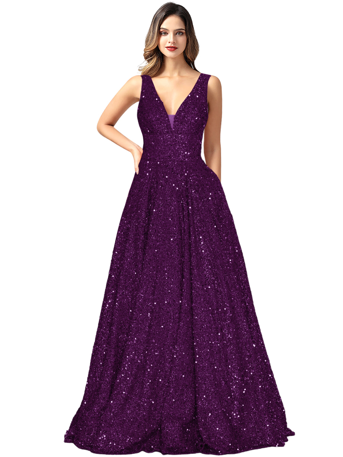 2025 Long Dress Sequin V-Neck Slit Fashion Sleeveless Pockets Party Dress GD101934