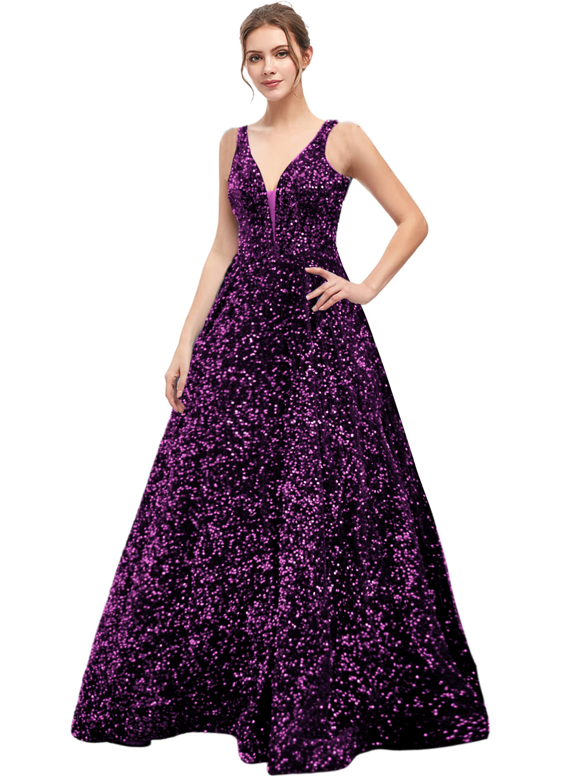 Sequin Long Prom Dress V Neck A Line Evening Ball Gown with Pockets GD300006