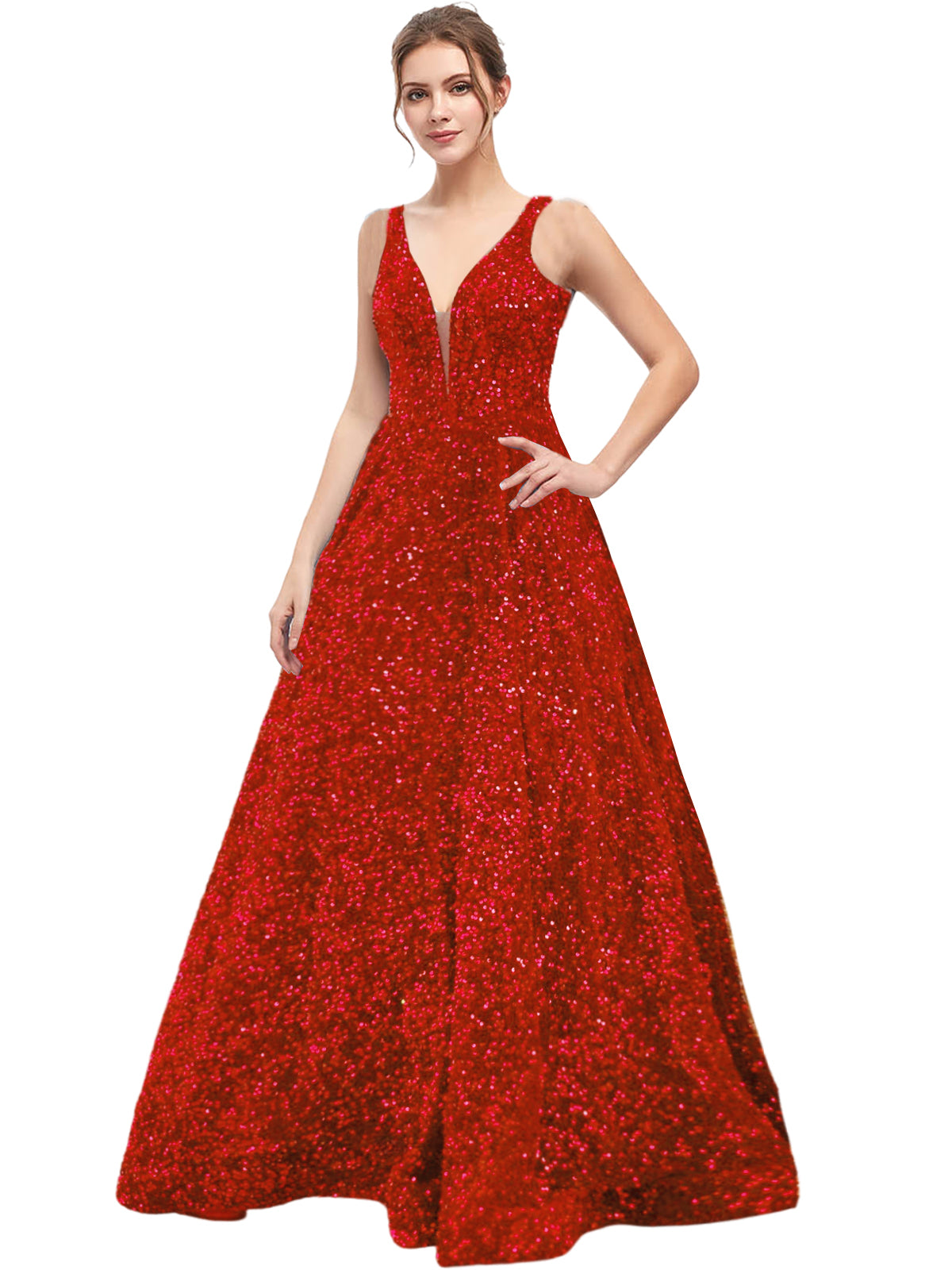 Sequin Long Prom Dress V Neck A Line Evening Ball Gown with Pockets GD300006