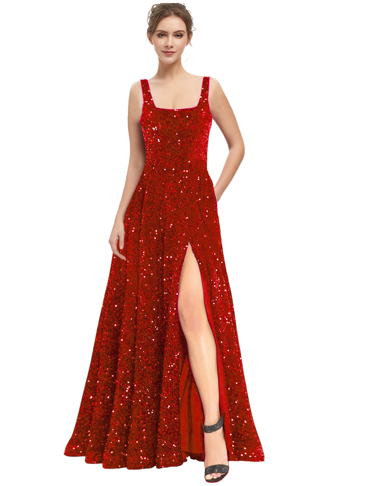 Women's Long Dress Sequin Bateau/Boat Back Strap Slit Fashion Long Sleeveless Party Dress GD101932