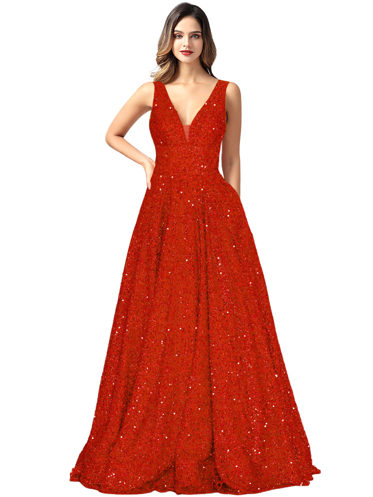 2025 Long Dress Sequin V-Neck Slit Fashion Sleeveless Pockets Party Dress GD101934