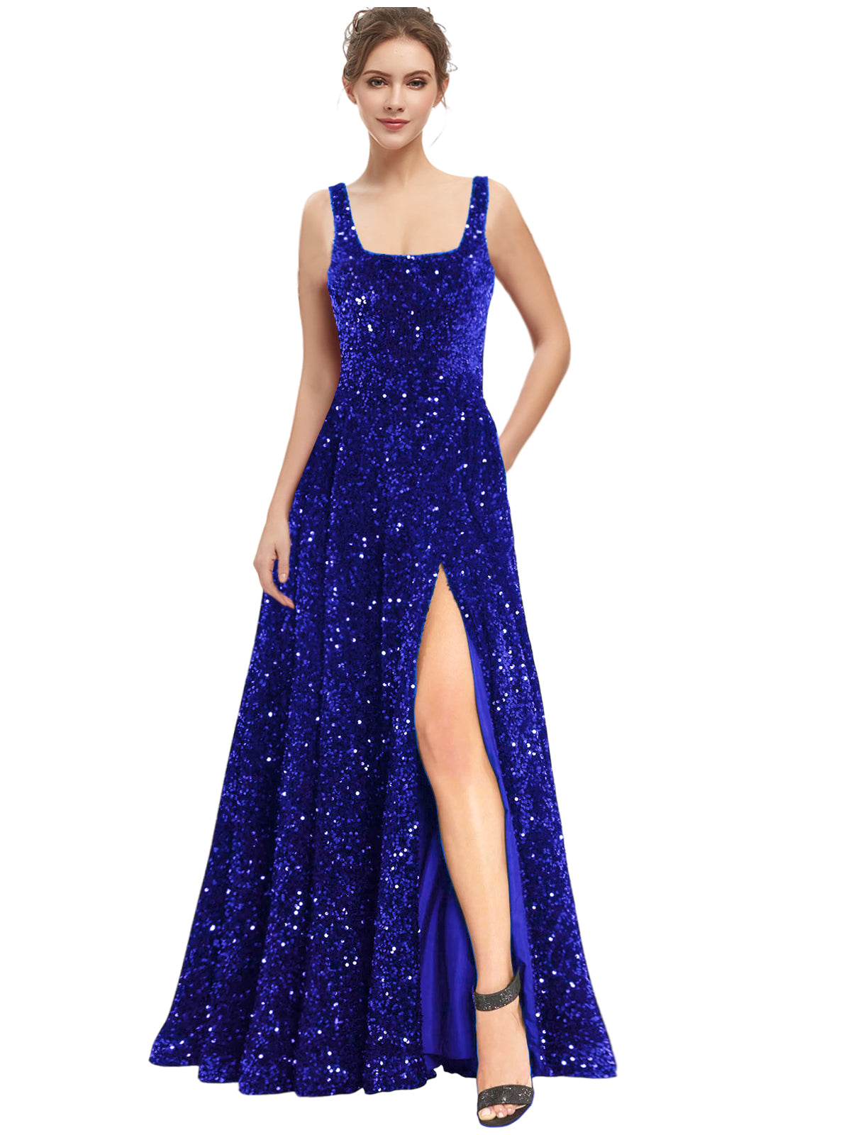 Women's Long Dress Sequin Bateau/Boat Back Strap Slit Fashion Long Sleeveless Party Dress GD101932