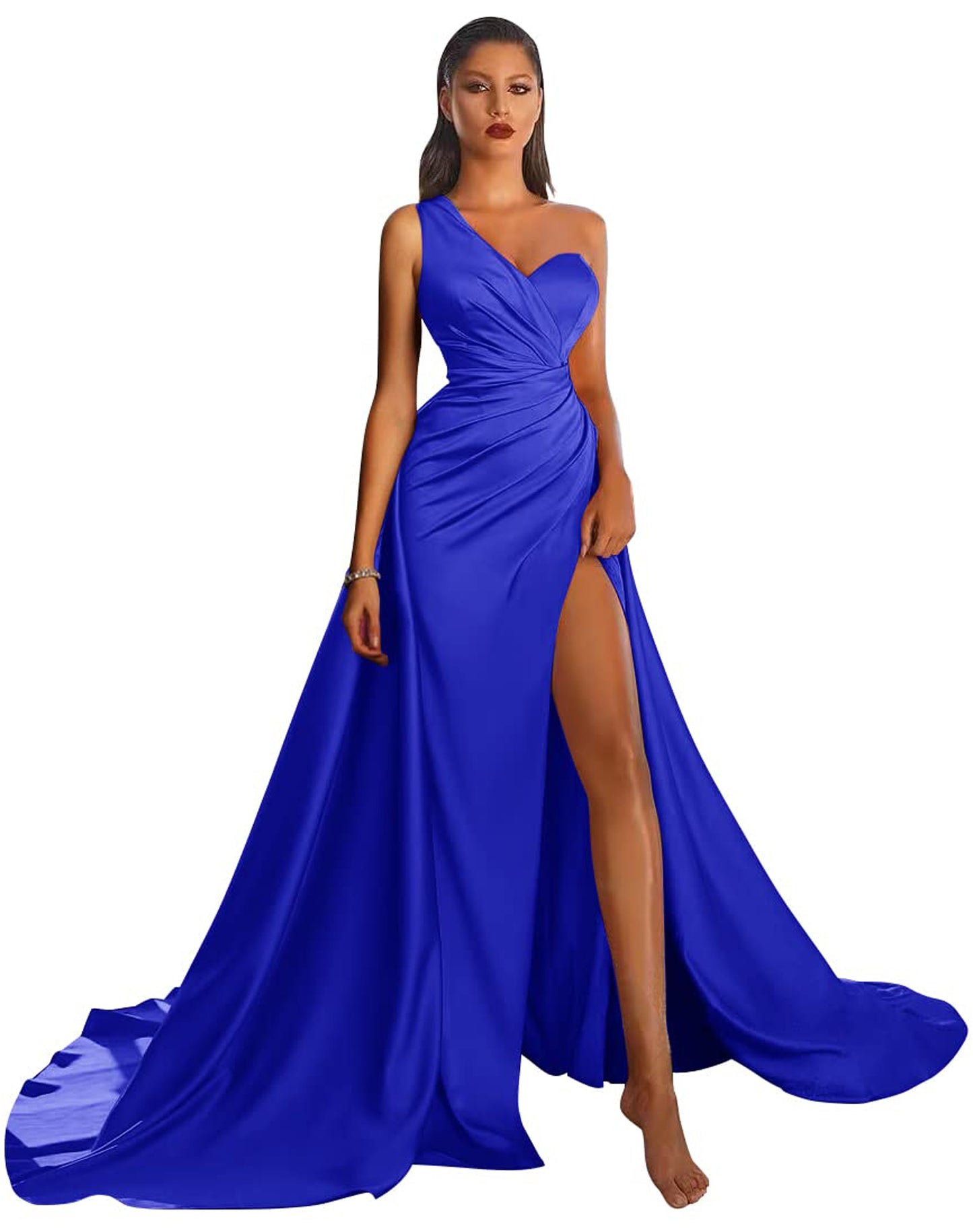 A Line Long Prom Dress One Shoulder Satin Slit Evening Ball Gown GD101506