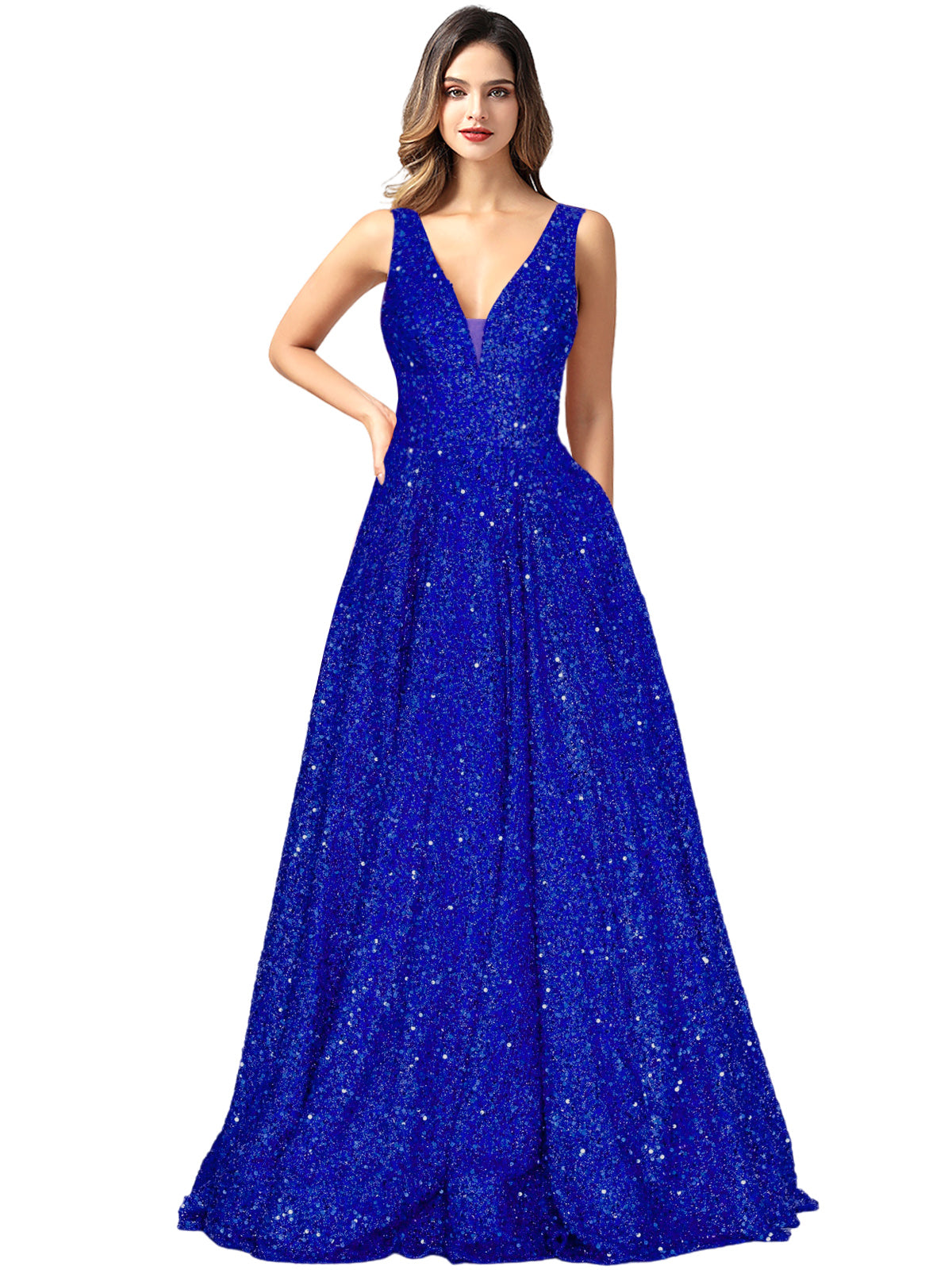 2025 Long Dress Sequin V-Neck Slit Fashion Sleeveless Pockets Party Dress GD101934