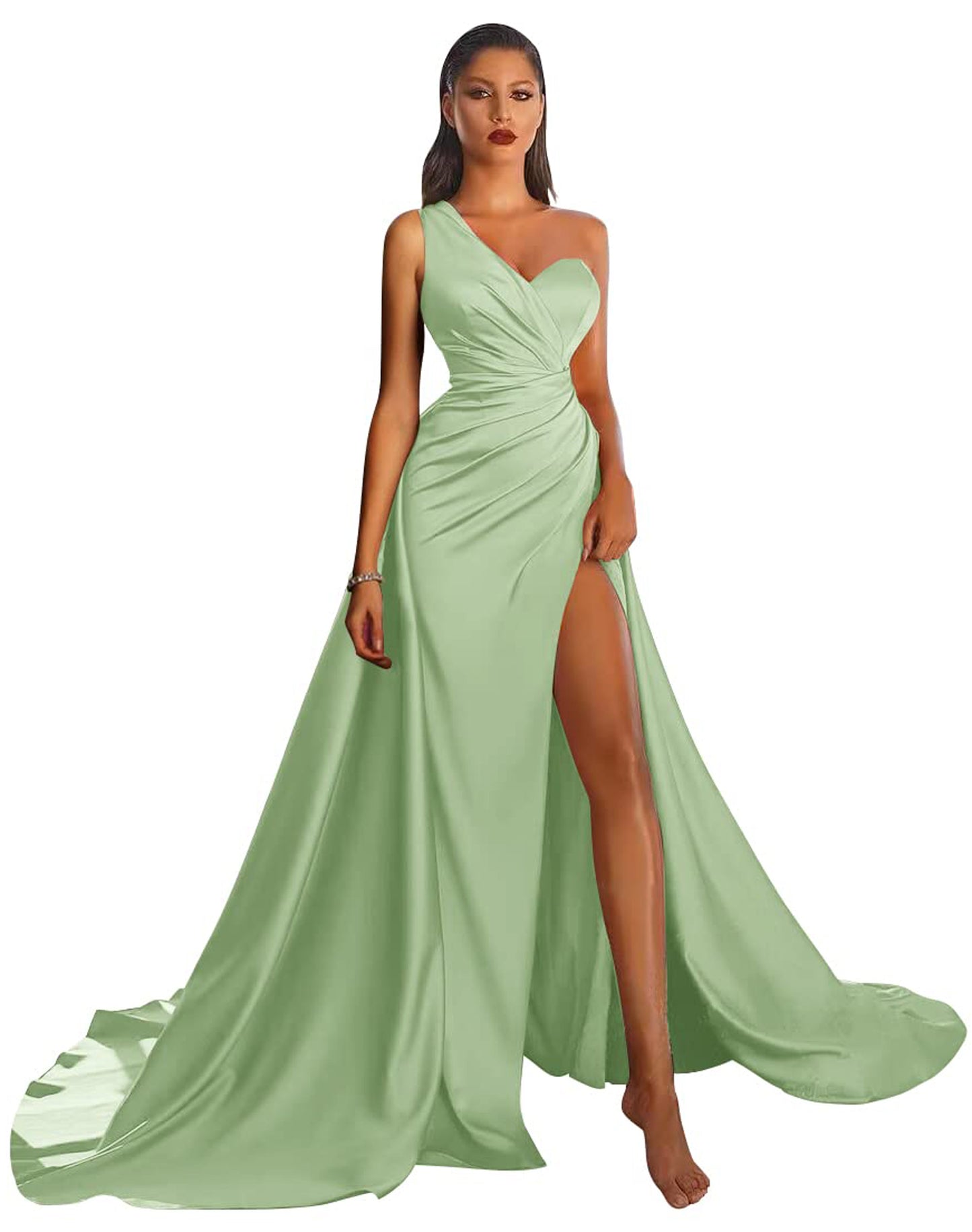 A Line Long Prom Dress One Shoulder Satin Slit Evening Ball Gown GD101506