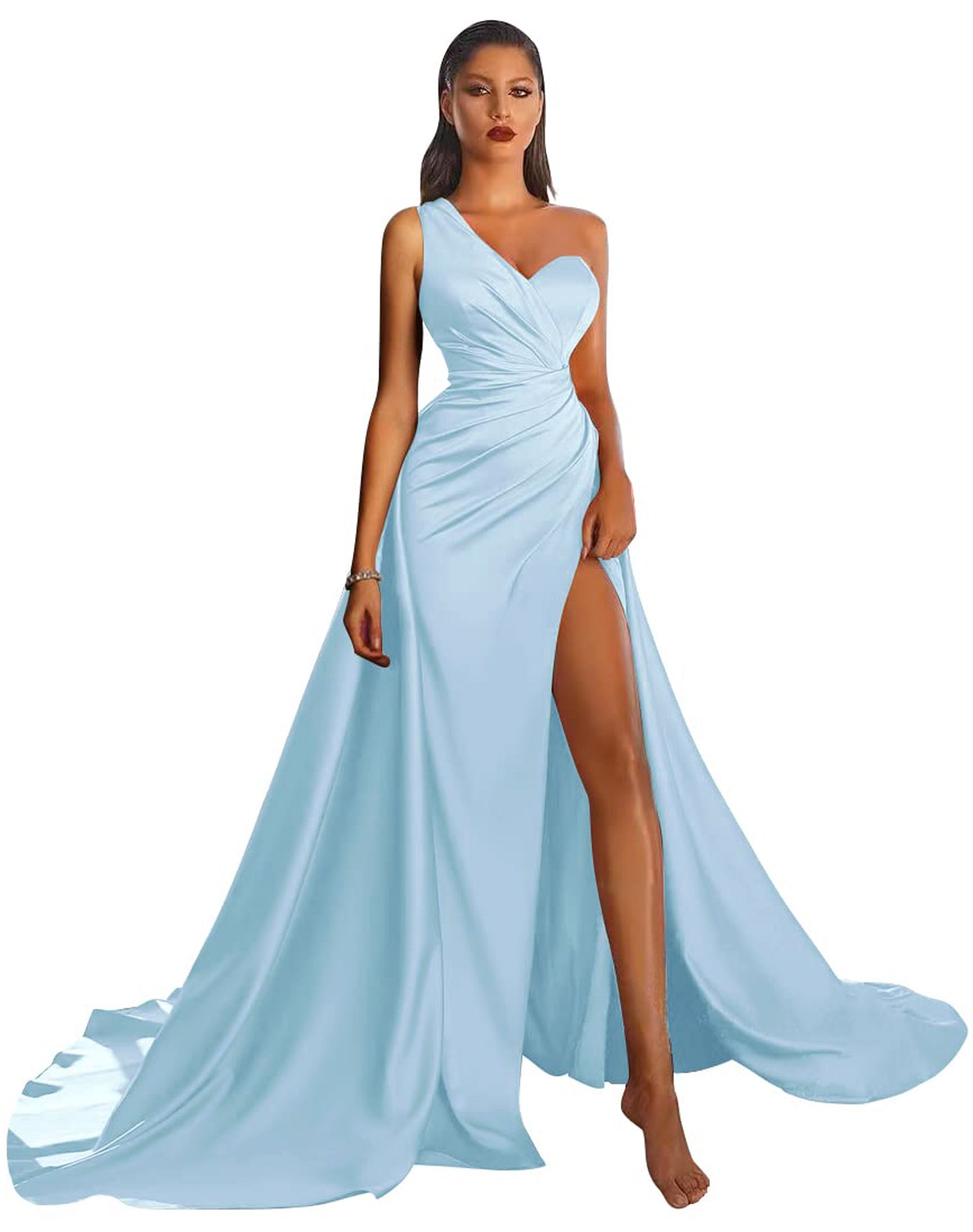 A Line Long Prom Dress One Shoulder Satin Slit Evening Ball Gown GD101506