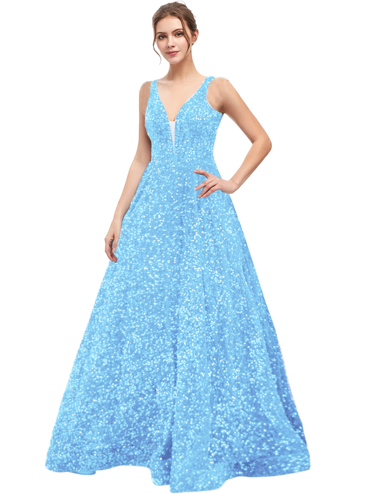 Sequin Long Prom Dress V Neck A Line Evening Ball Gown with Pockets GD300006