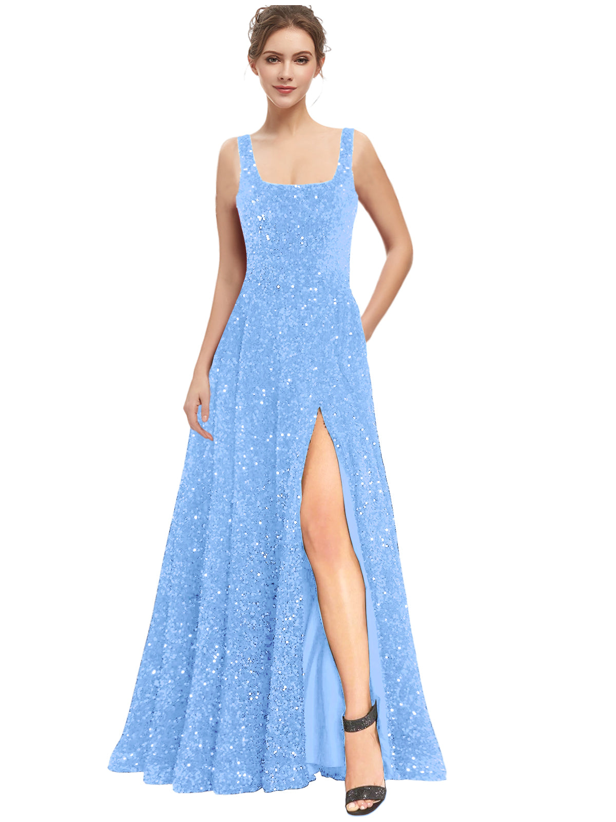 Women's Long Dress Sequin Bateau/Boat Back Strap Slit Fashion Long Sleeveless Party Dress GD101932