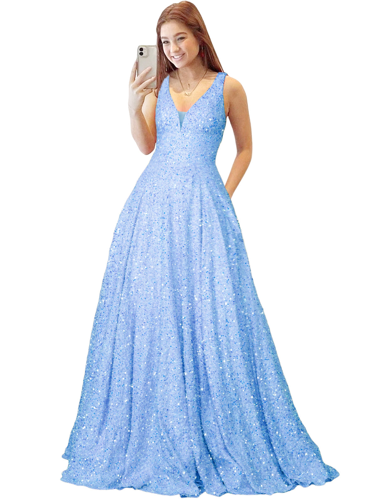 2025 Long Dress Sequin V-Neck Slit Fashion Sleeveless Pockets Party Dress GD101934