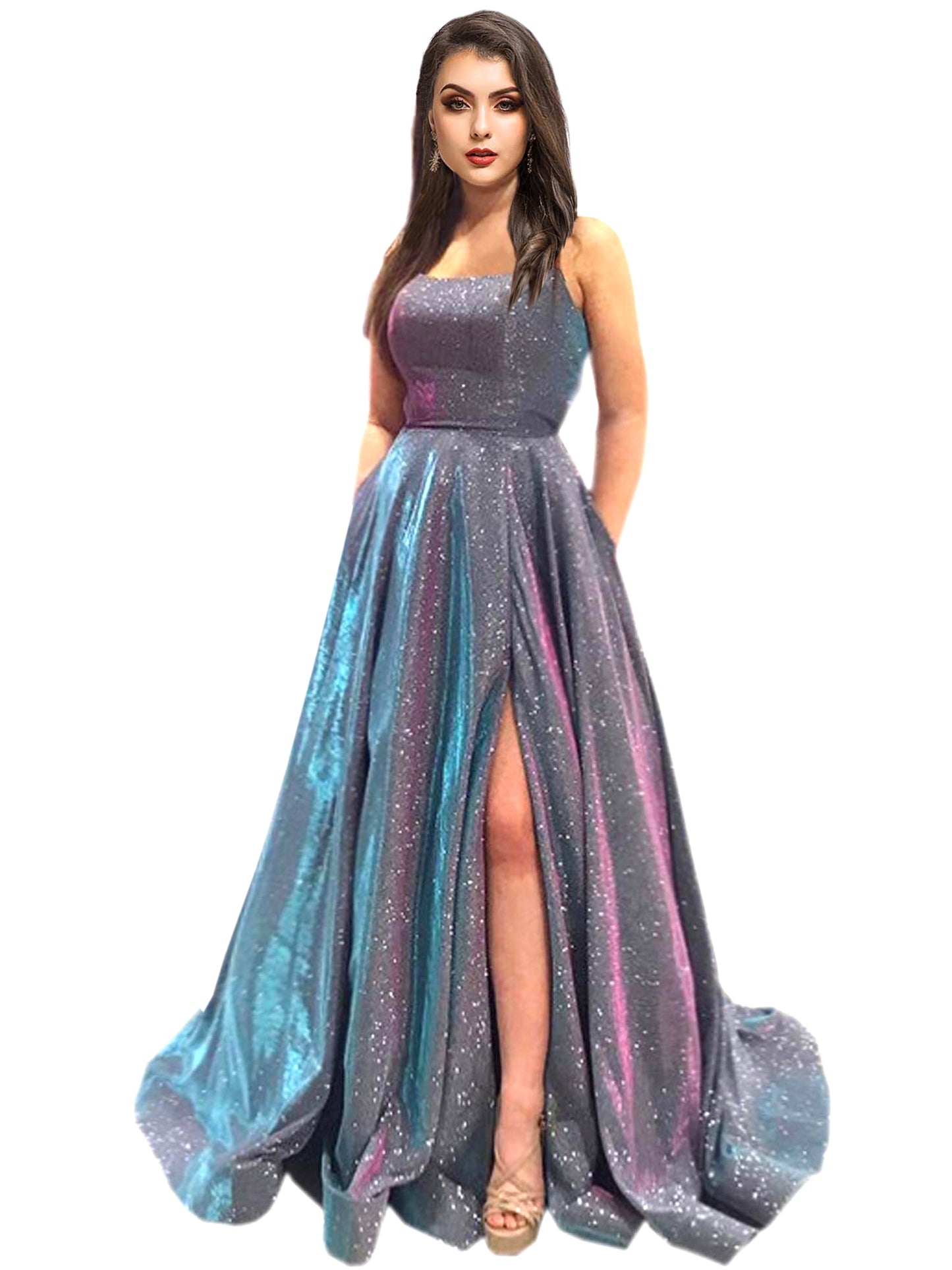 Women's Long Dress Glitter Bateau/Boat Slit Evening Ball Gown with Pockets GD100025