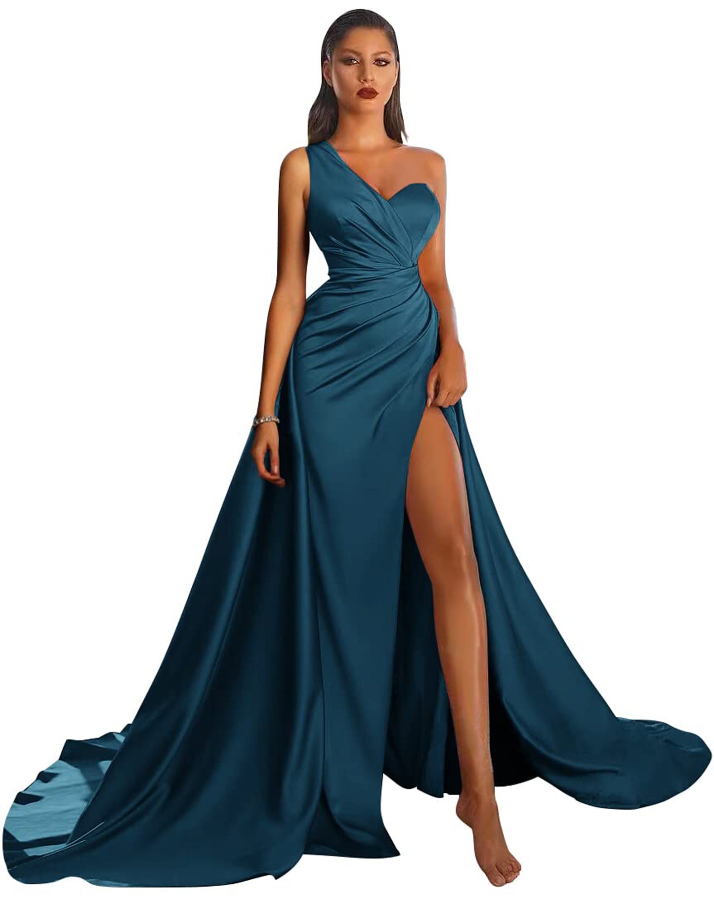 A Line Long Prom Dress One Shoulder Satin Slit Evening Ball Gown GD101506