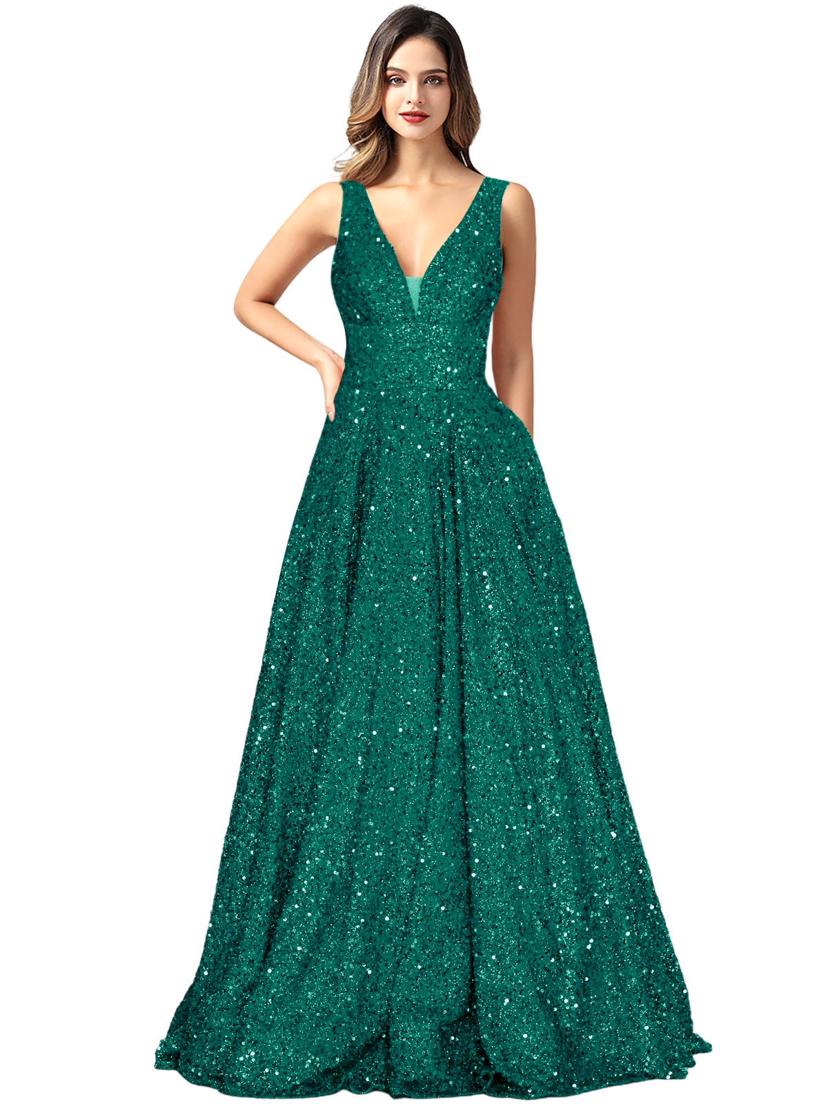 2025 Long Dress Sequin V-Neck Slit Fashion Sleeveless Pockets Party Dress GD101934